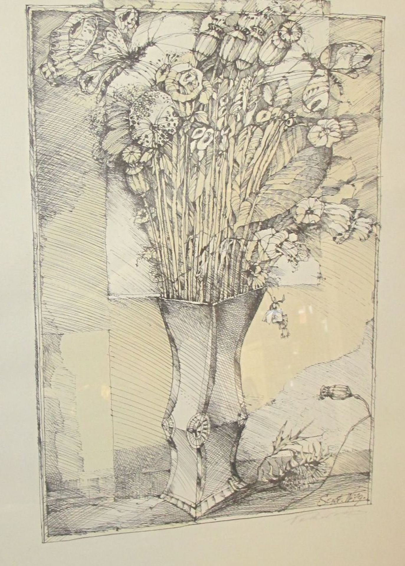 unleserl.signierte Litho "Blumen in Vase", gerahmt/Glas, RG 72 x 51cm