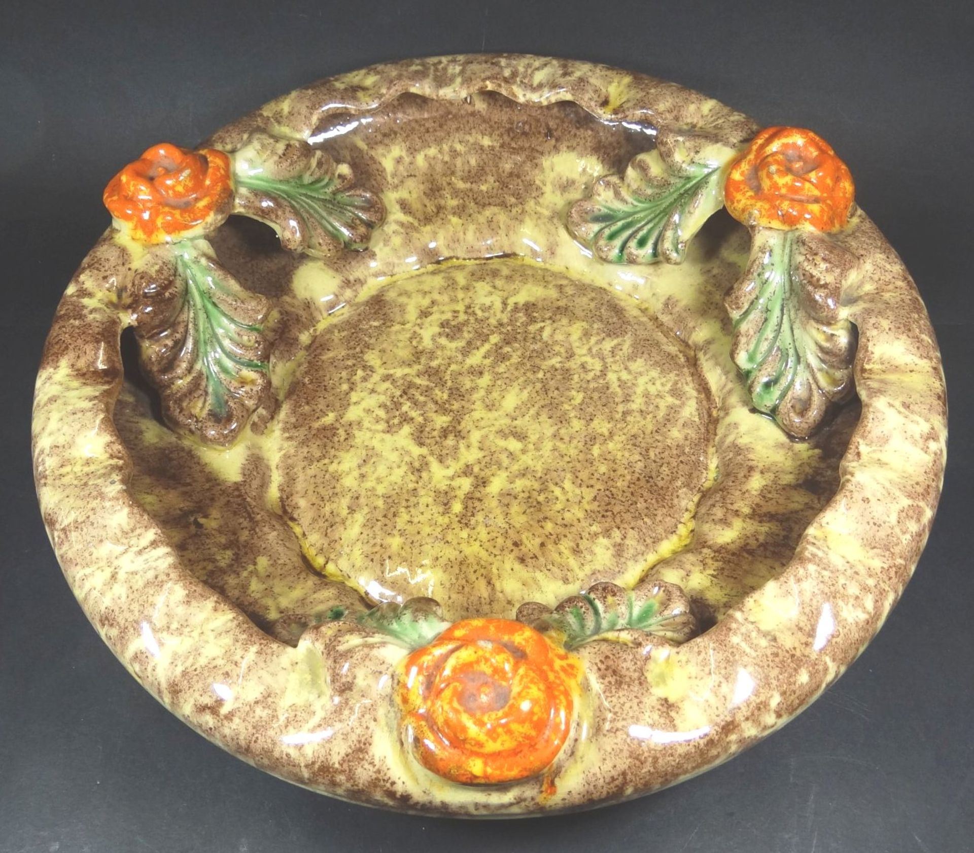 grosse Keramikschale mit Blätterdekor, Laufglasur, H-9 cm, D-34 c - Bild 3 aus 6