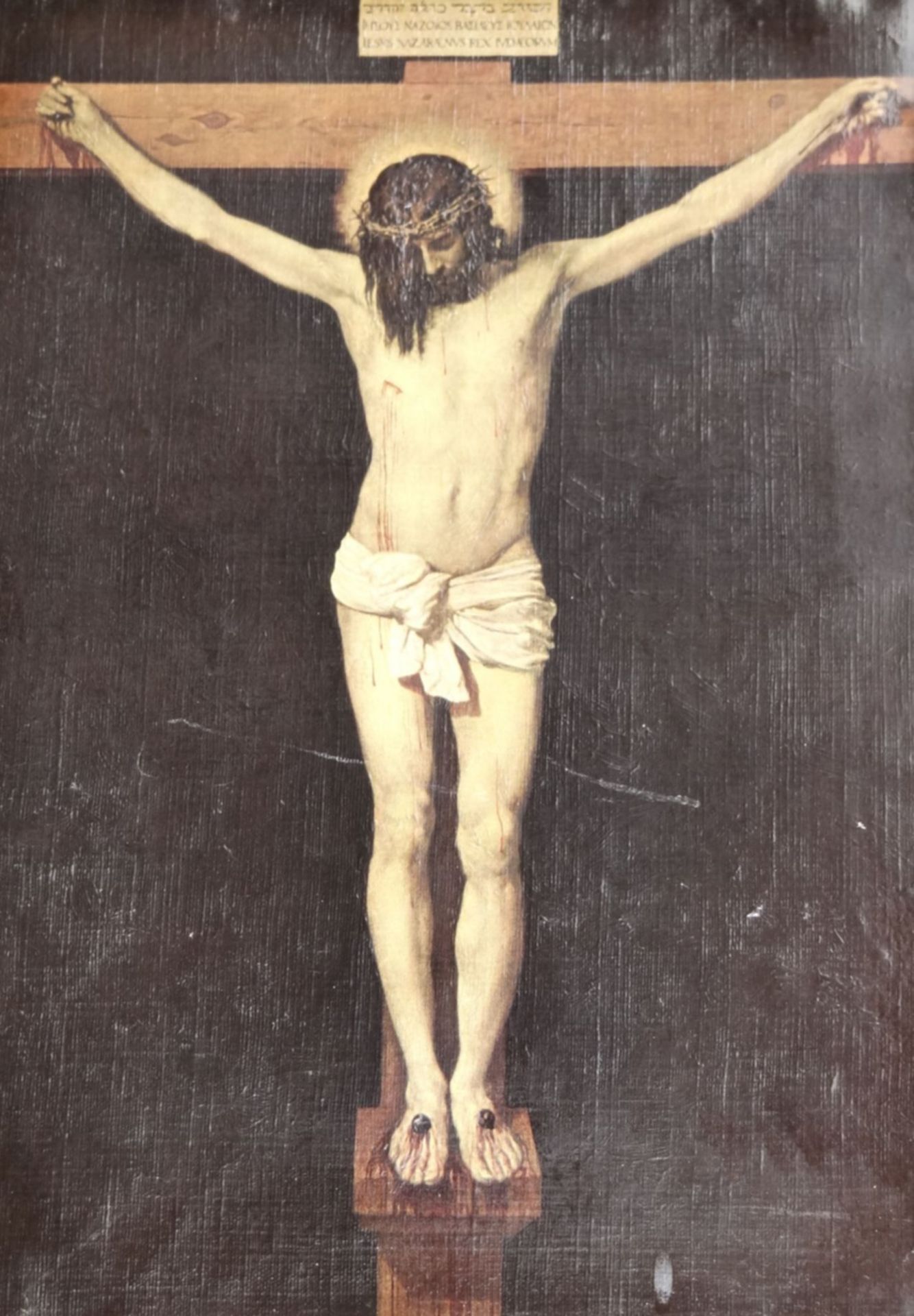 alter Öldruck auf Leinen "Christus am Kreuz", gerahmt, RG 46x36 c - Bild 4 aus 6