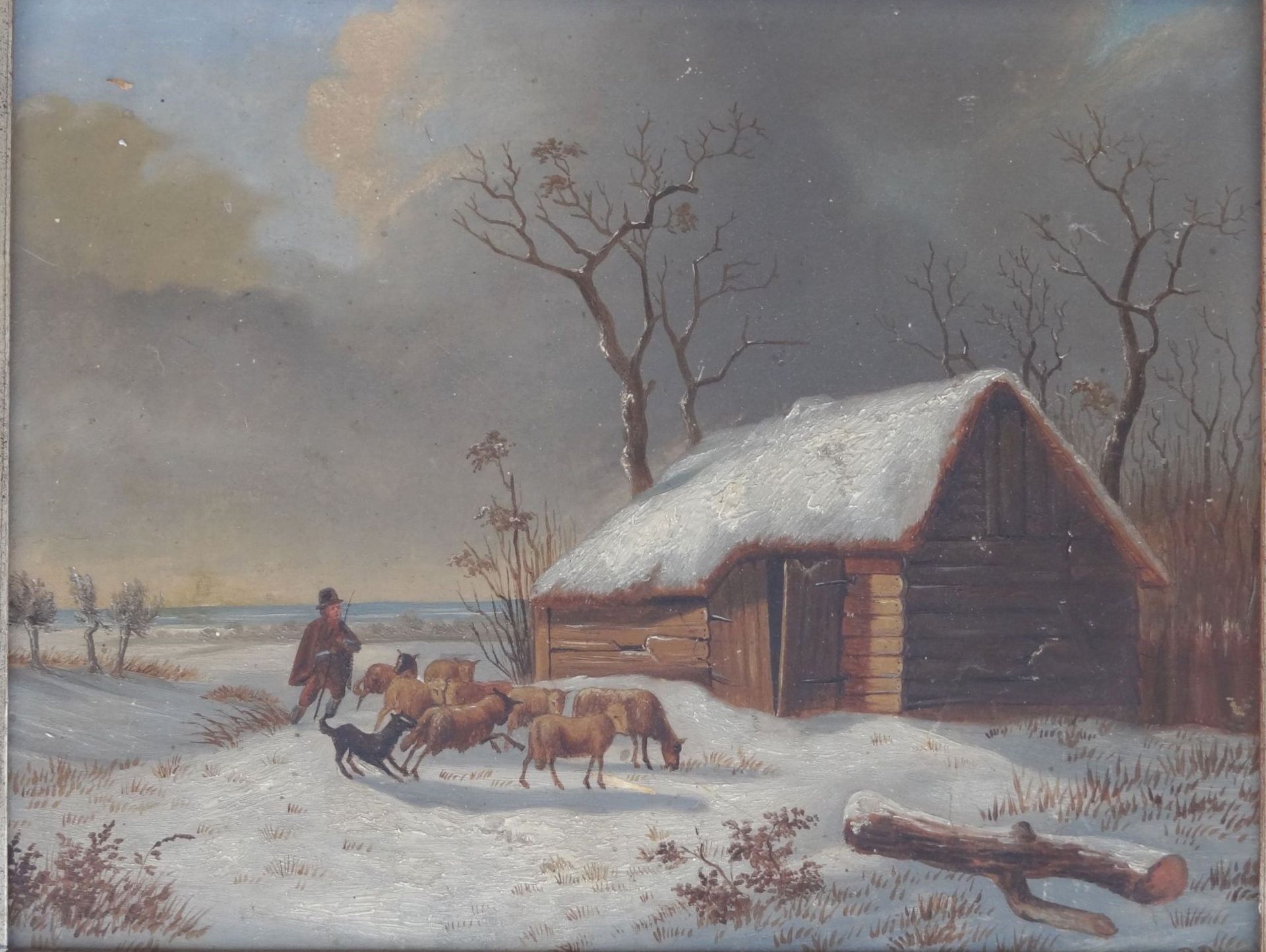 PB, 1849 "Schafherde vor Scheune im Winter", Öl/Holz, 21x27 cm, gerahmt, 27x33 c