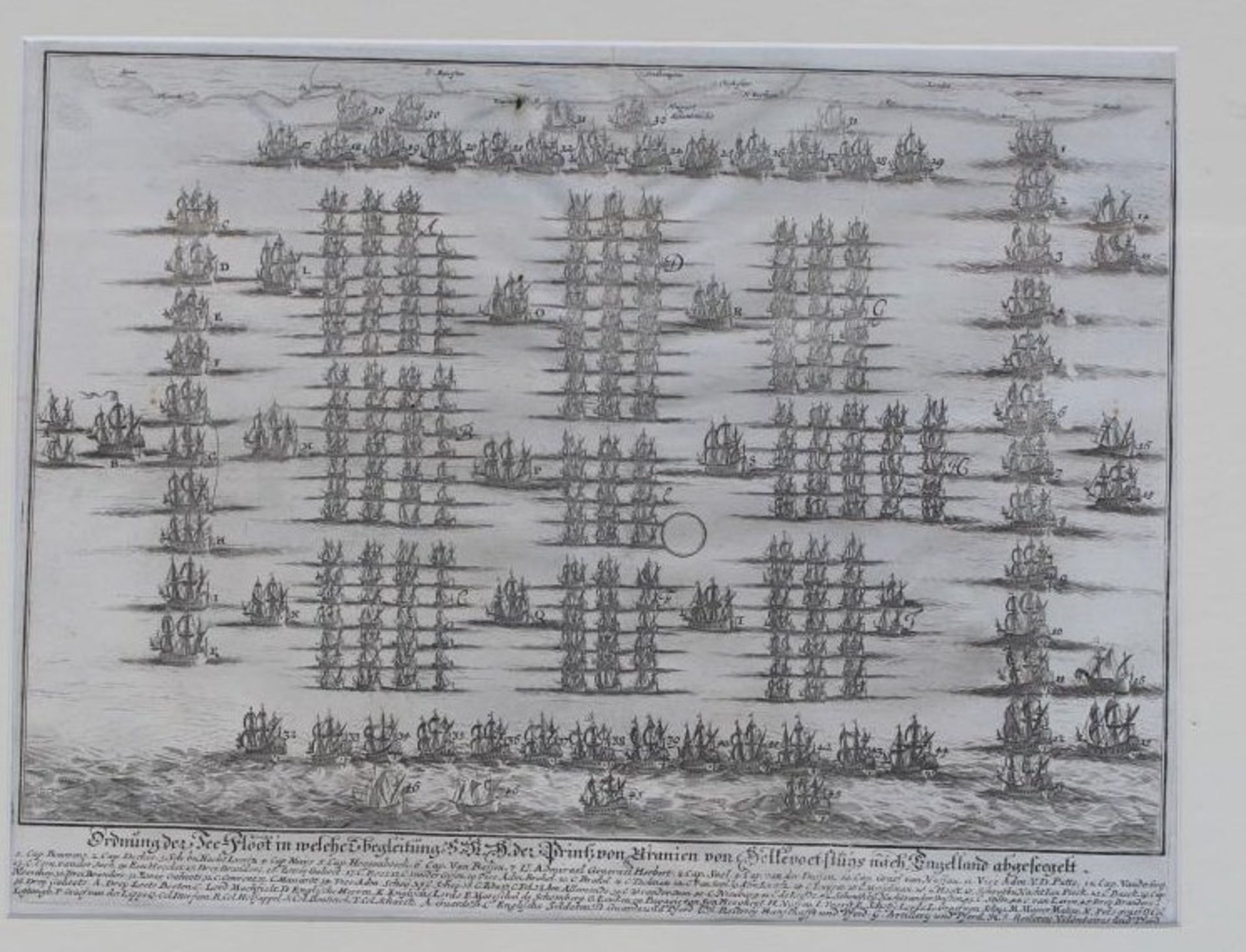 orig. Stich "Die Ordnung der Seeflotte..." 1688, Wilhelm III von Oranien, MG ca.44x52 cm, ger/