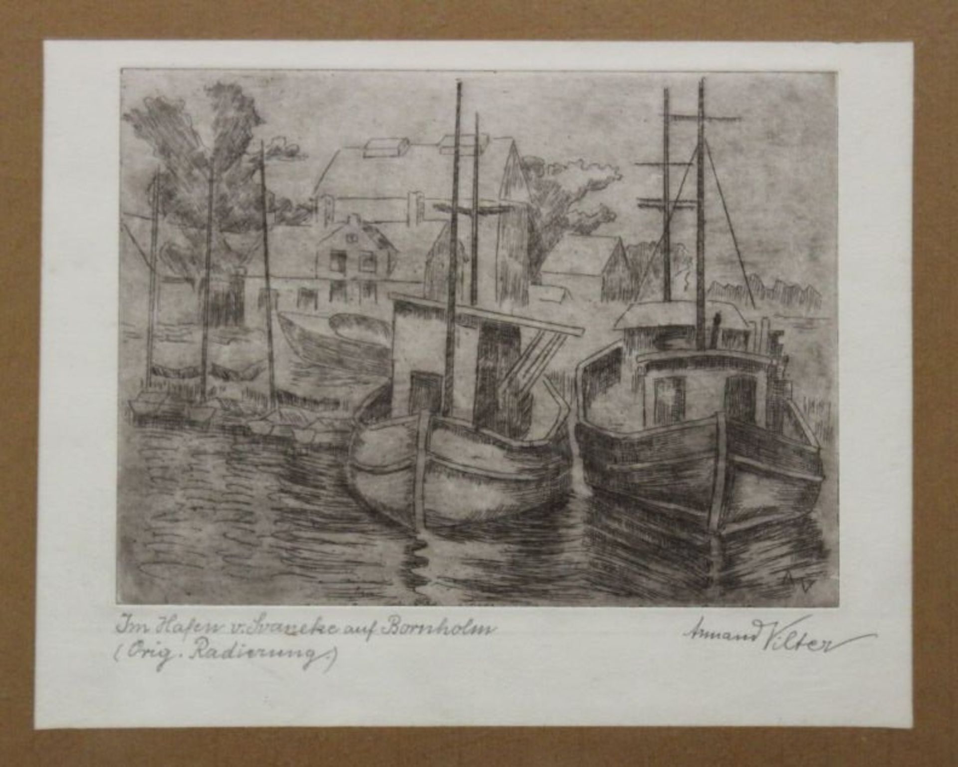 Armand Vilter "Im Hafen von Svaneke auf Bornholm", orig. Radierung, Nurglasrahmen, RG 30 x 40cm.