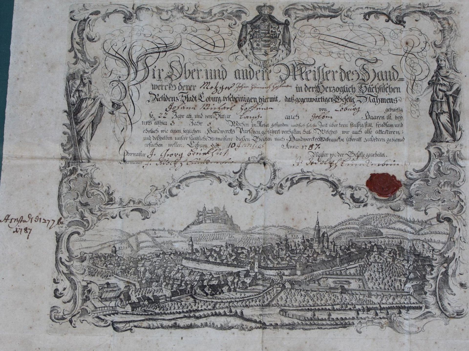 Meisterurkunde eines Metzgers von 1787, Loburg/Sachsen-Anhalt, Blatt mit Läsuren, Wachssiegel, ger/ - Bild 3 aus 5