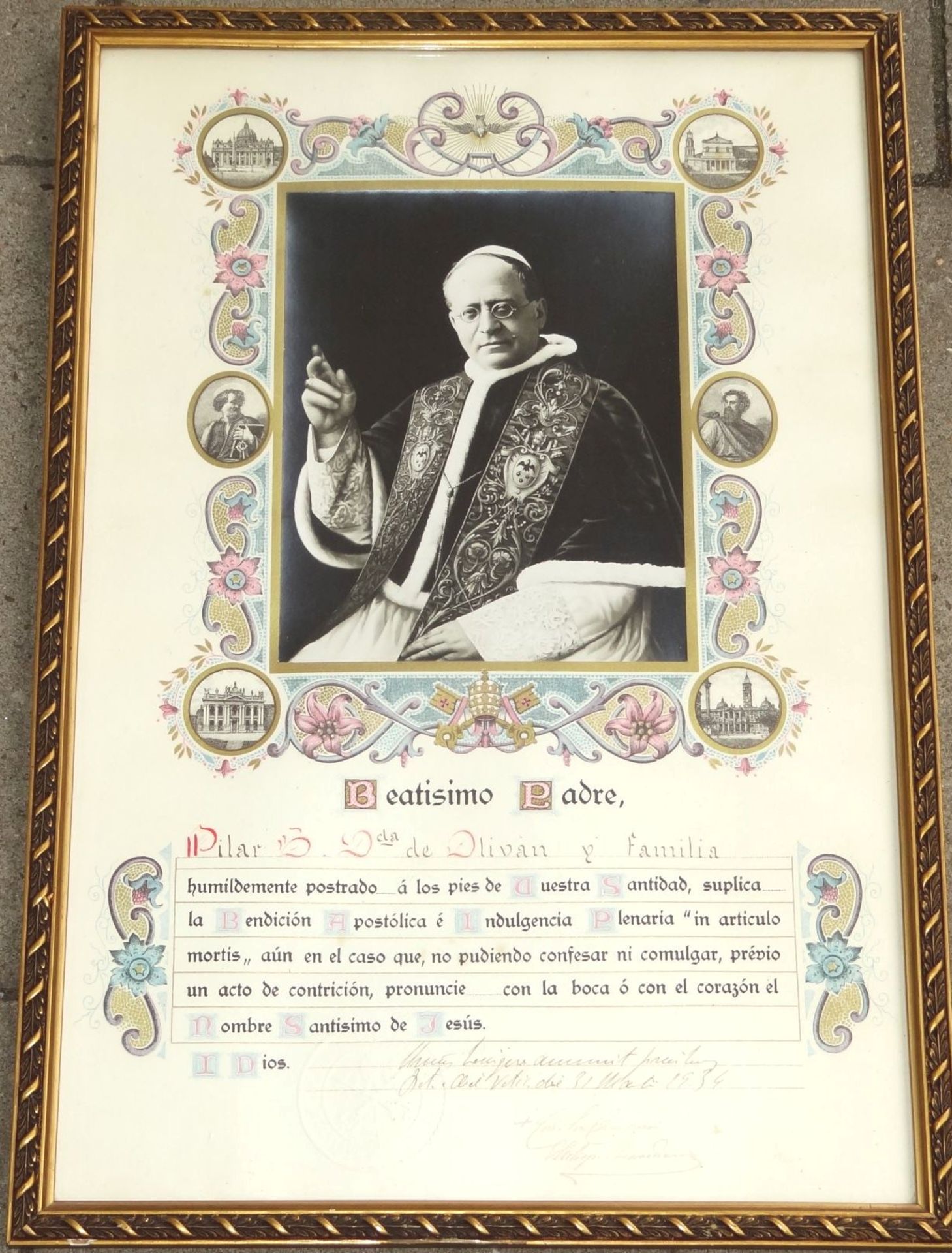 Urkunde mit Foto Papst Pius XII, 1934, mit Vatikan-Wappen und latein.. beschriftet, unleserl.