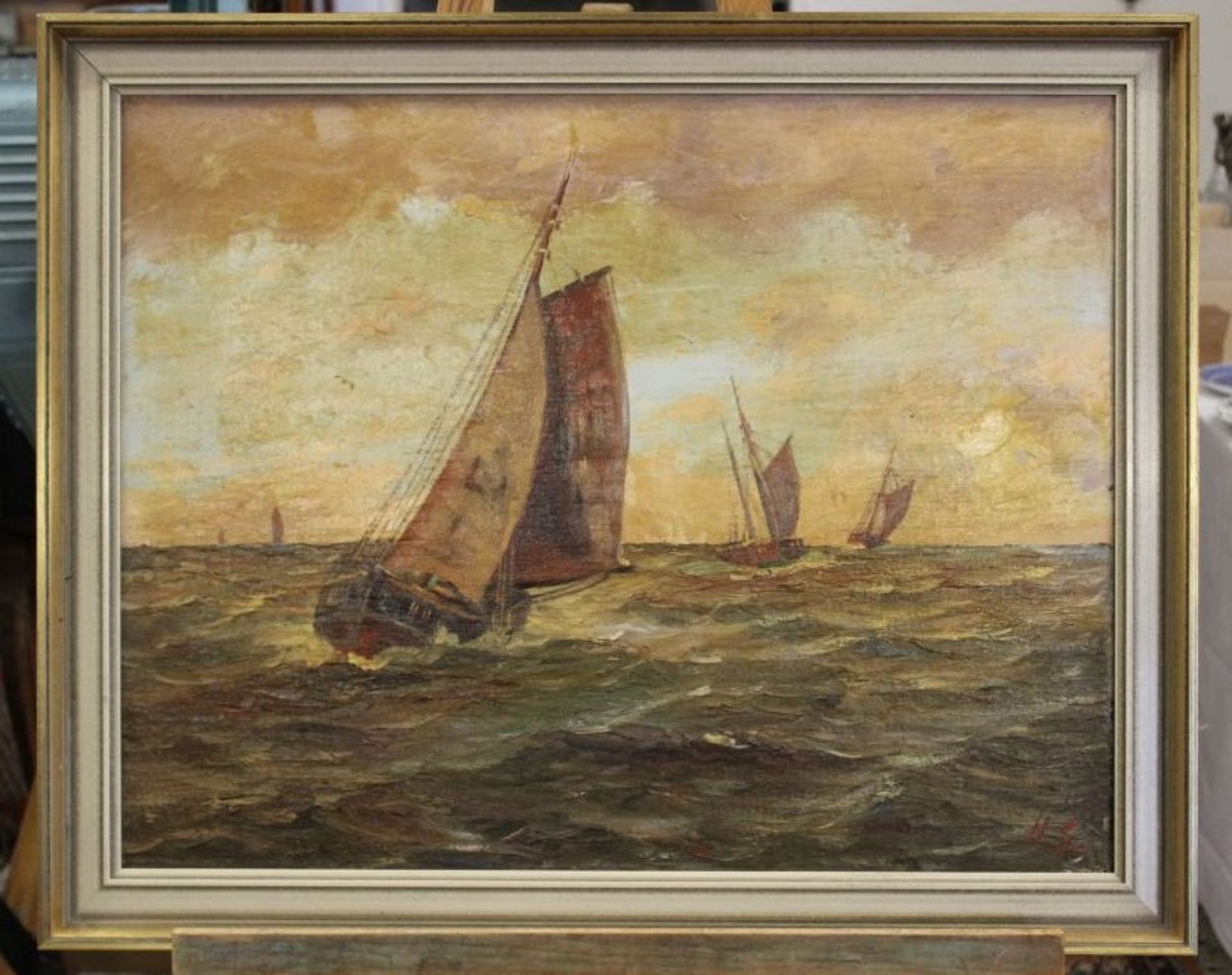 H.S., Fischerboote, verso unleserl. betitelt, Öl/Leinwand, gerahmt, RG 60 x 74cm. - Bild 3 aus 5