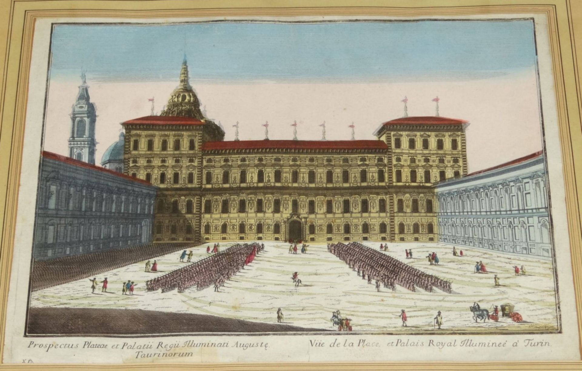 Stich um 1780 "Prospectus plateae.... Taurinorum" Turin, handcoloriert, Blatt mit Läsuren, ger/Glas,