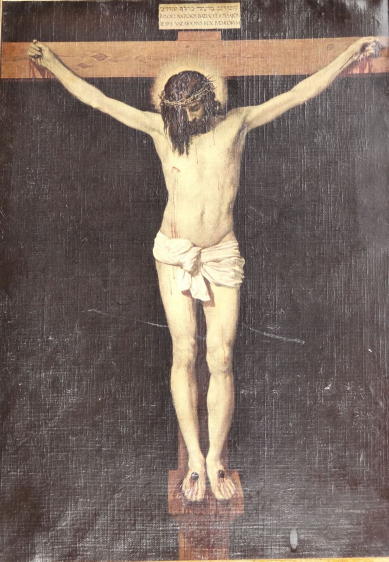alter Öldruck auf Leinen "Christus am Kreuz", gerahmt, RG 46x36 c - Bild 3 aus 6