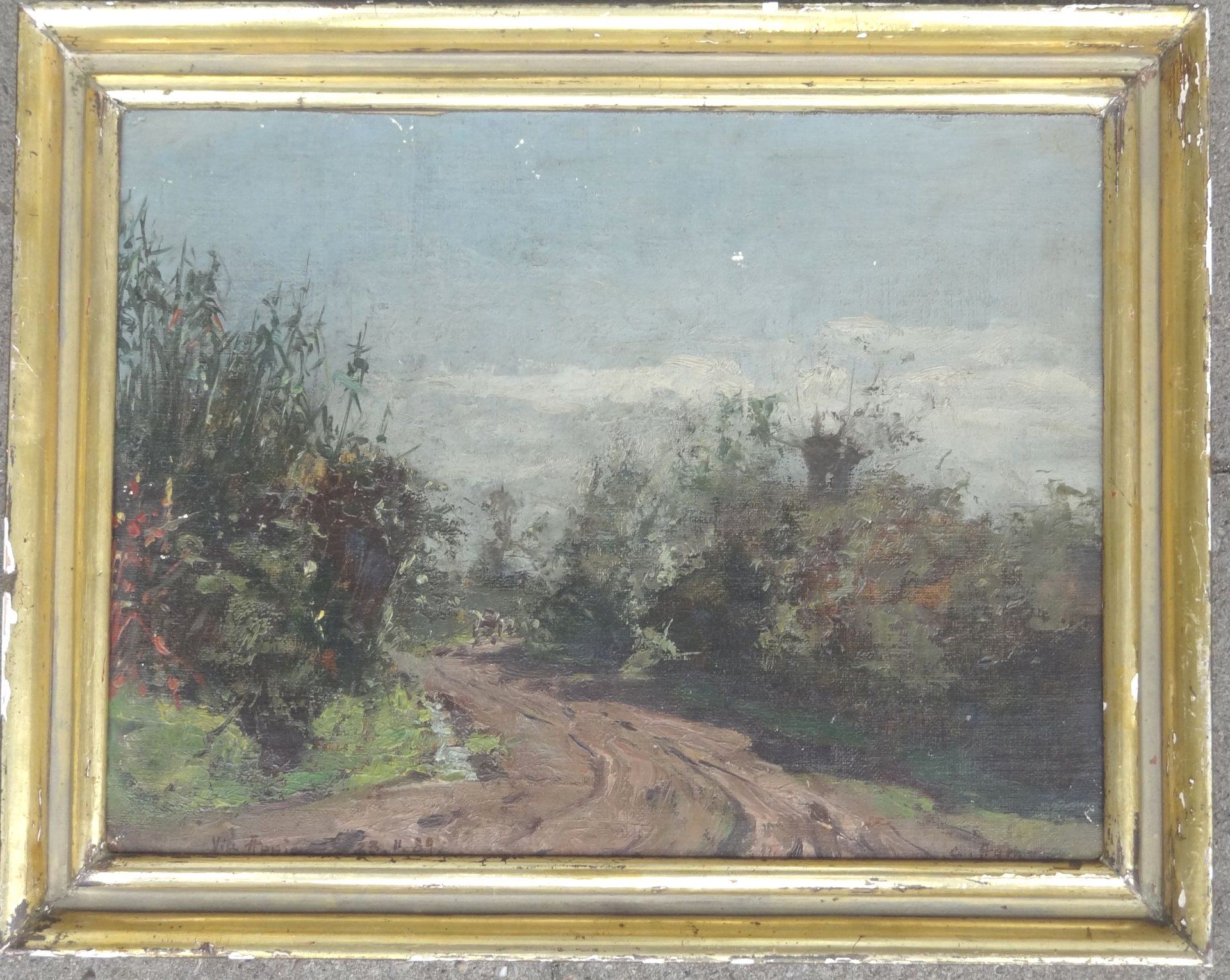 Curt AGTHE (1862-1943), 1889 " Via Appia in der Campagna"", Öl/Malfaser, kl. Farbabplatzer, RG 29x37 - Bild 2 aus 6