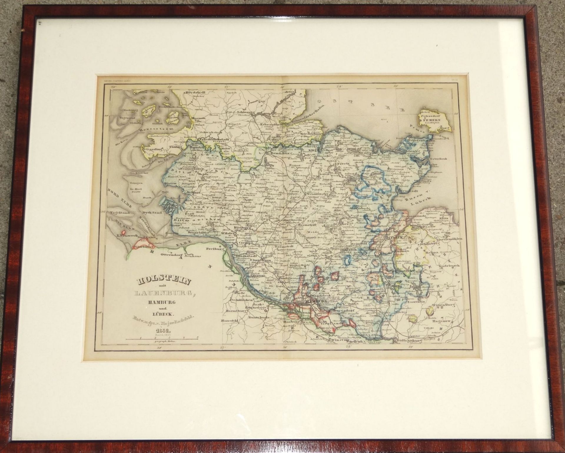 kl. Landkarte um 1860 "Schleswig und Lauenburg" grenzcoloriert, ger/Glas, RG 32x37 cm - Bild 2 aus 4