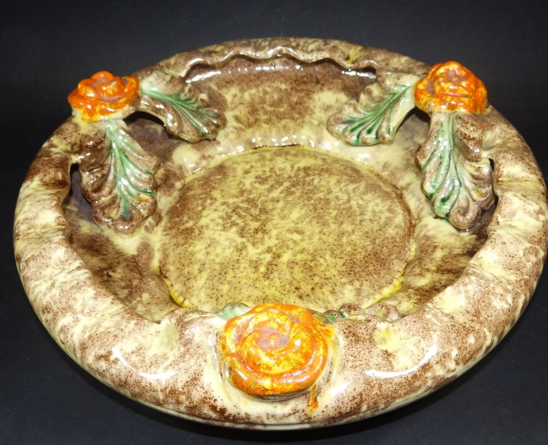 grosse Keramikschale mit Blätterdekor, Laufglasur, H-9 cm, D-34 c - Bild 2 aus 6