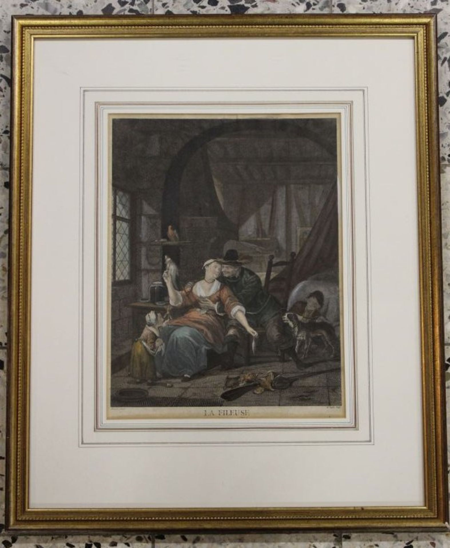 Stich um 1780, Die Spinnerin, Duflos, ger./Glas, RG 57 x 48cm. - Bild 3 aus 3