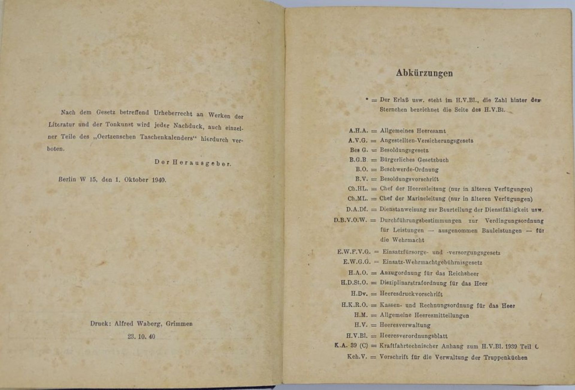 Taschenkalender für die Offiziere des Heeres (Früher Fircks),blaue Ausgabe,61. Jahrgang, 19- - -22. - Image 3 of 9