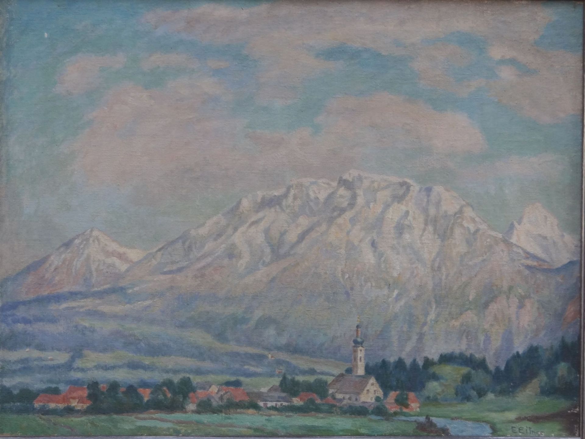 Ernst EITNER (1867-1955) "Dorf im Tal" (Garmisch?), Öl/Leinen, gerahmt, RG 72x92 c- - -22.61 %