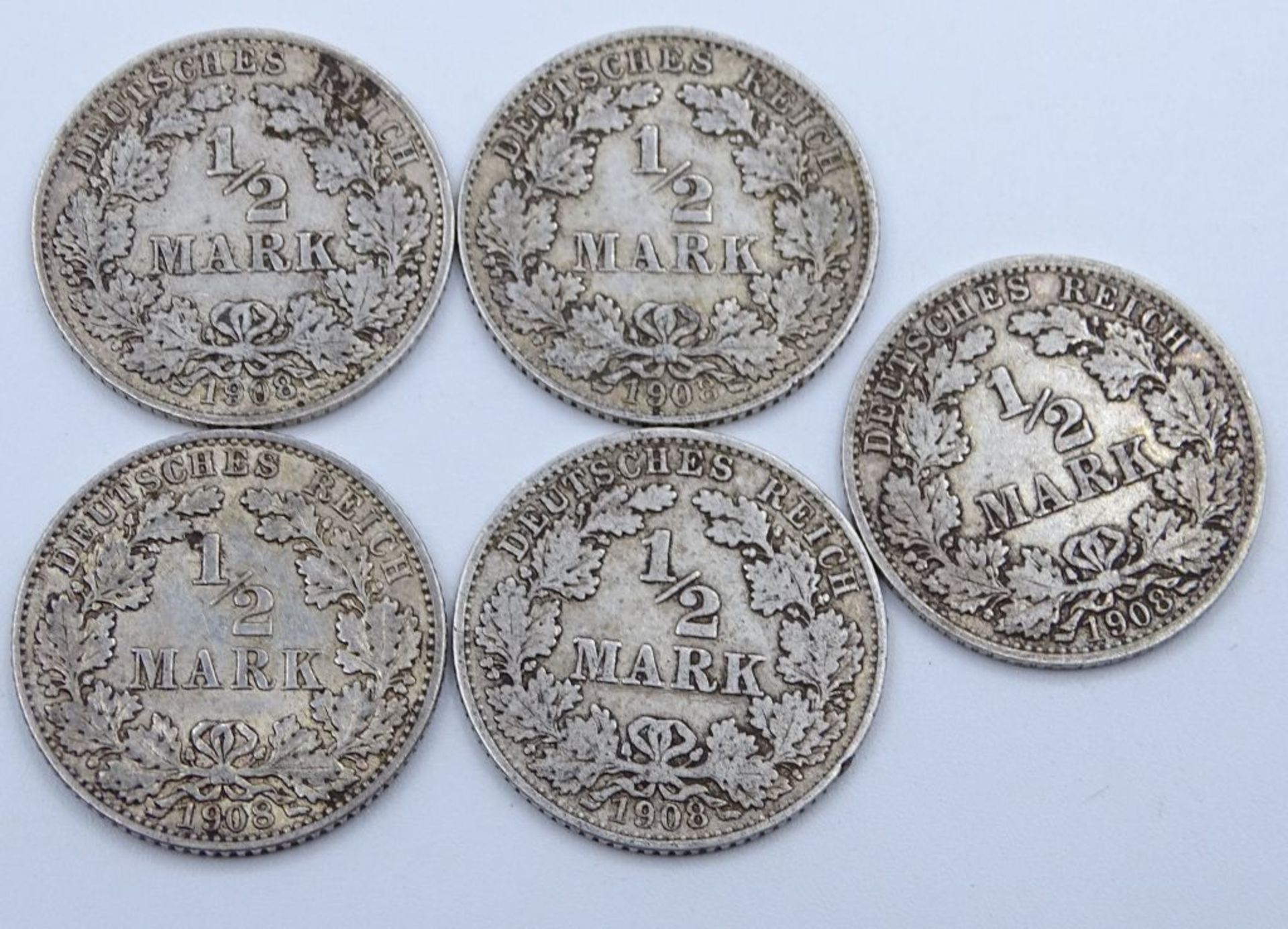 5x Münzen Deutsches Reich, 1/2 Mark, 1908 (3xA, 1x D, 1xE- - -22.61 % buyer's premium on the