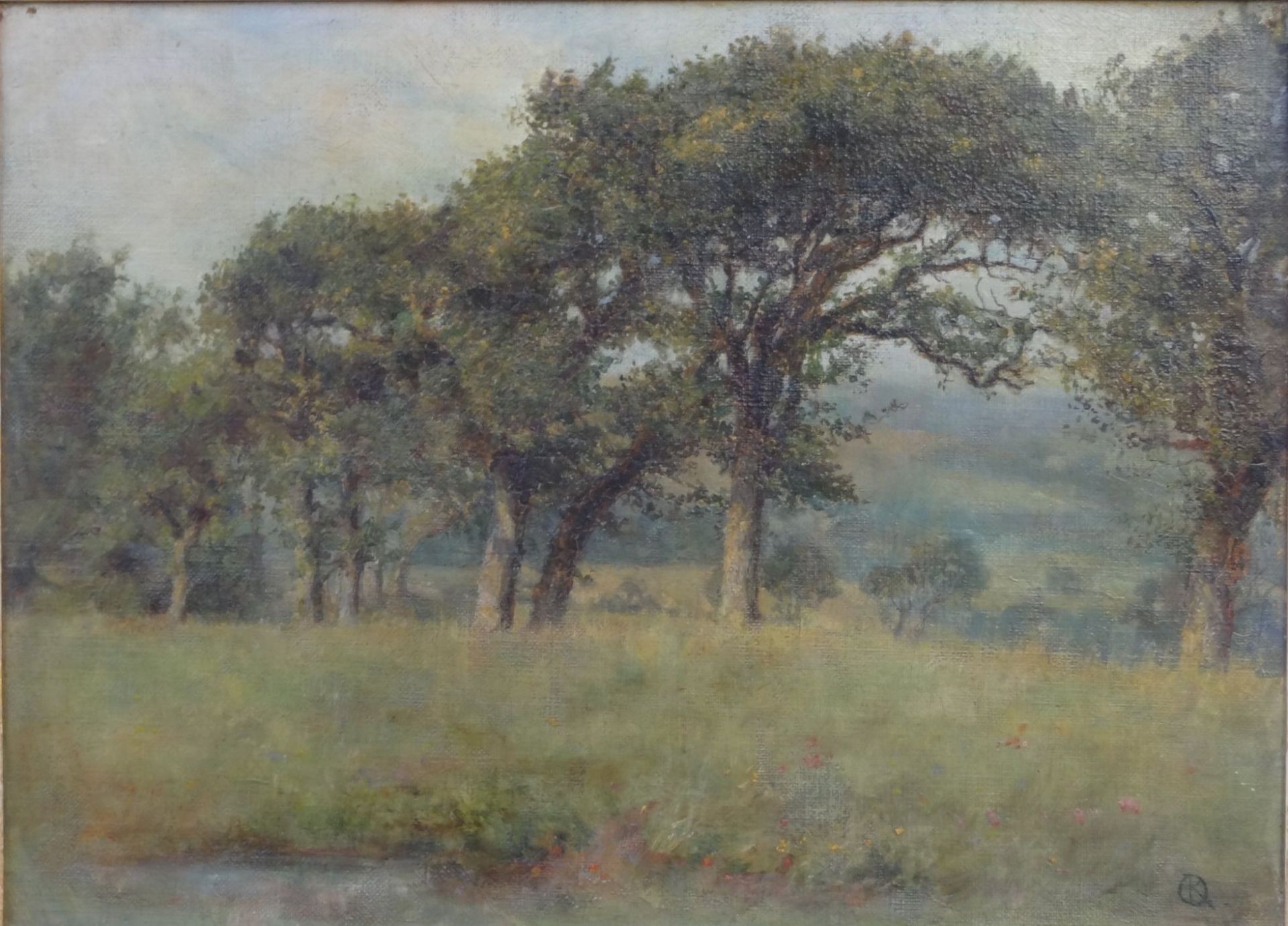 OR Monogrammiert "Bäume am Feldrand" Öl/Malfaser um 1900, 28x36 cm, breiter Goldrahmen, RG