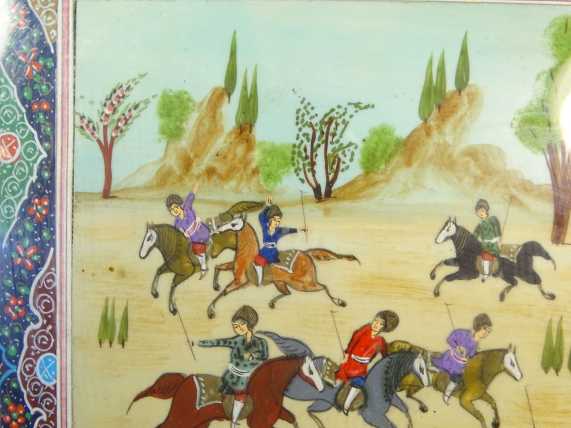 Persische Malerei wohl auf Beinplatte,Handgemalt,"Persischen Polo?",ger/Glas, RG 37x31cm,MG - Bild 4 aus 7