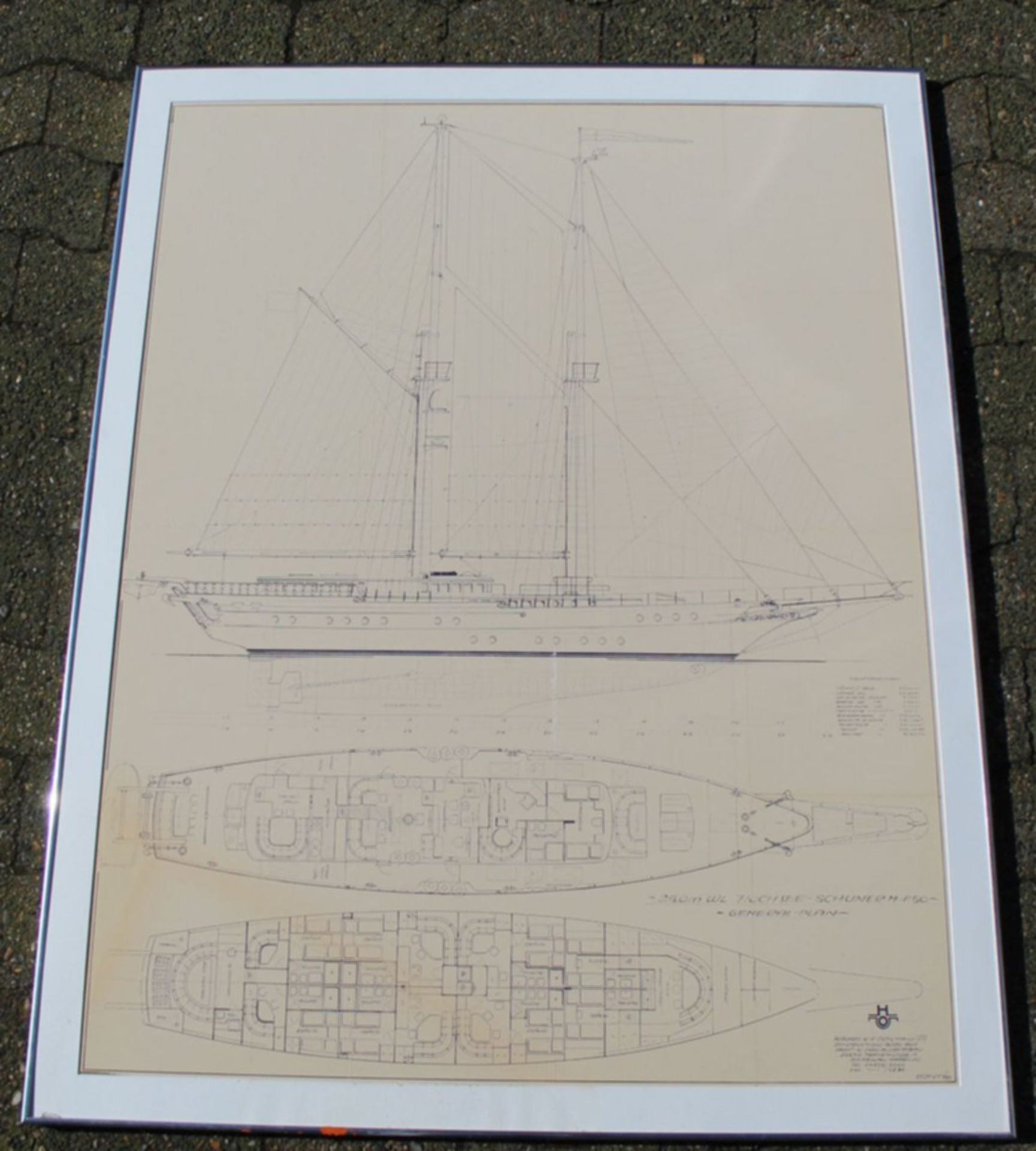 grosse Konstruktionszeichnung eines Segelschiffes, gerahmt, Glas fehlt, 128x 100 cm- - -22.61 % - Image 2 of 6