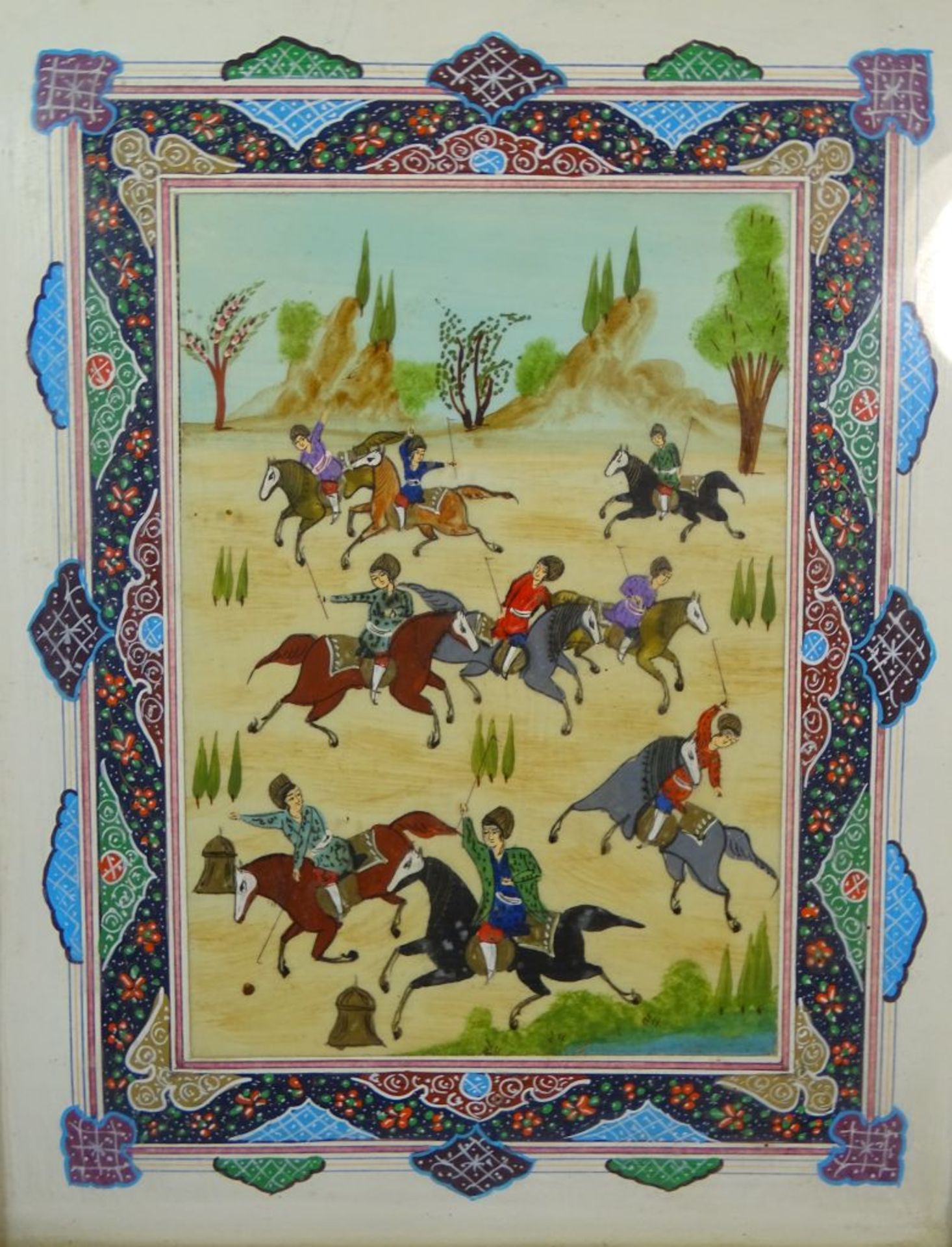 Persische Malerei wohl auf Beinplatte,Handgemalt,"Persischen Polo?",ger/Glas, RG 37x31cm,MG - Bild 3 aus 7