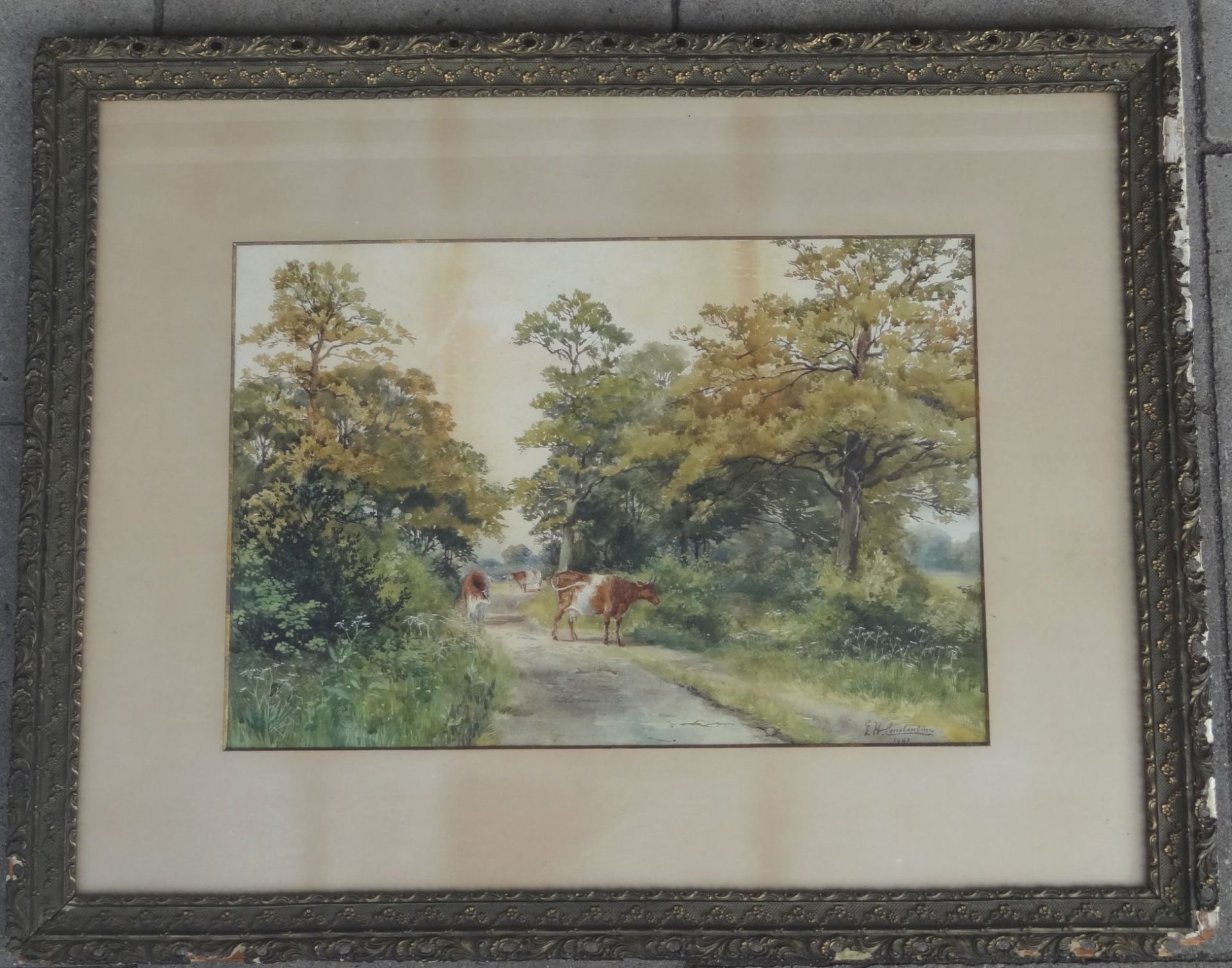 George Hamilton CONSTANTINE (1878-1967), 1901 "Kühe auf der Weide", Aquarell, alt ger/Glas, RG 60x75 - Bild 2 aus 3