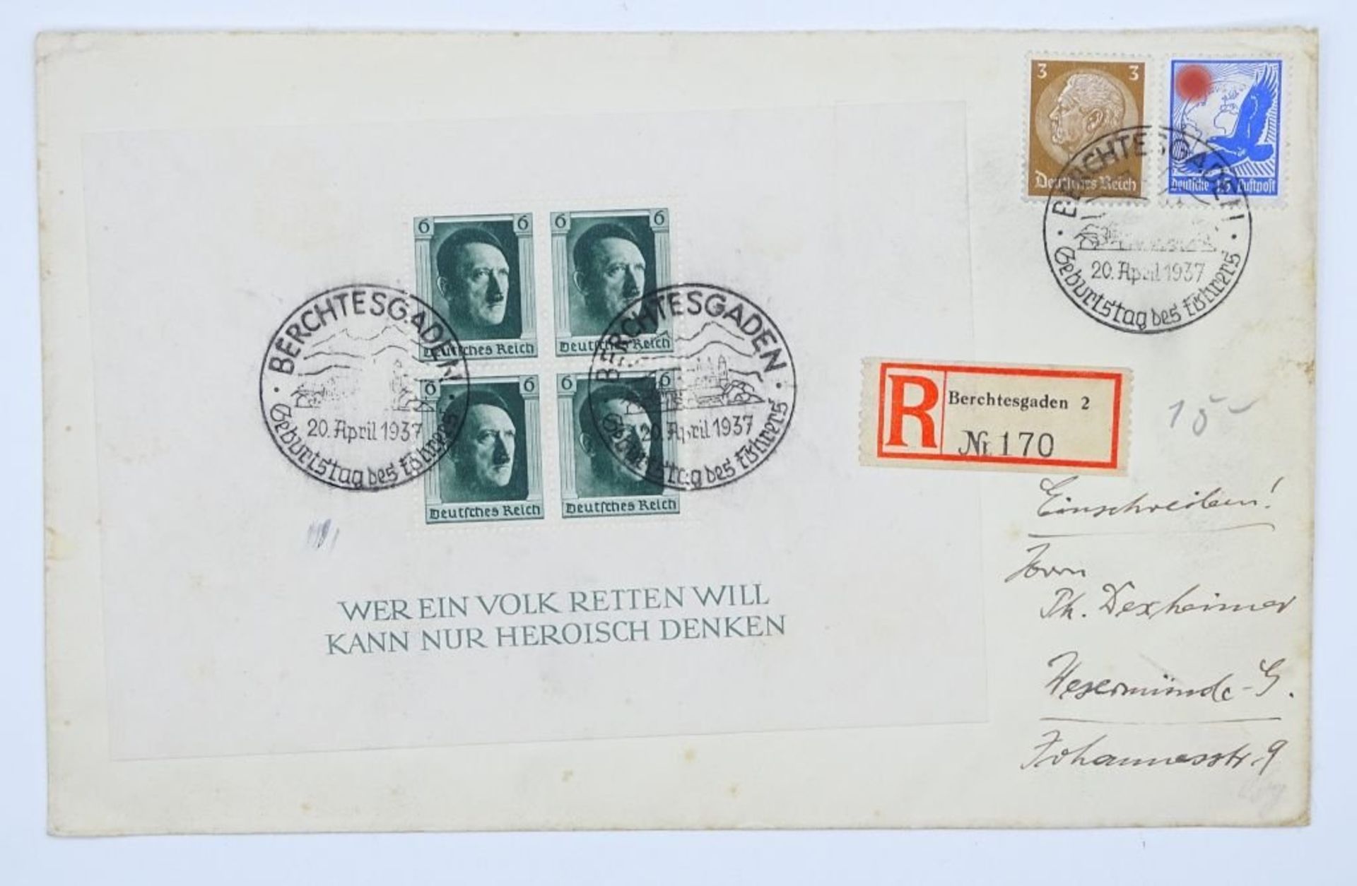 Brief Umschlag,Deutsches Reich,Einschreibebrief nach Wesermünde,Sonderstempelungen -Berchtesgaden,