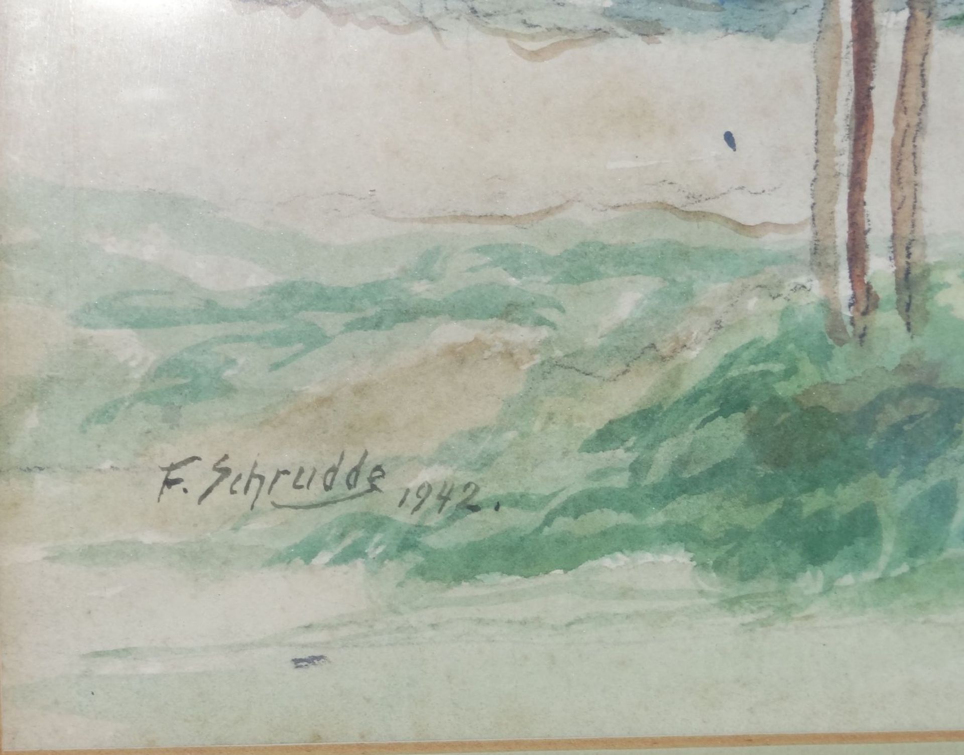 F. Schrudde, 1942 "Blick ins Tal" Aquarell, ger/Glas, gerahmt, RG 55x65 cm- - -22.61 % buyer's - Bild 3 aus 4