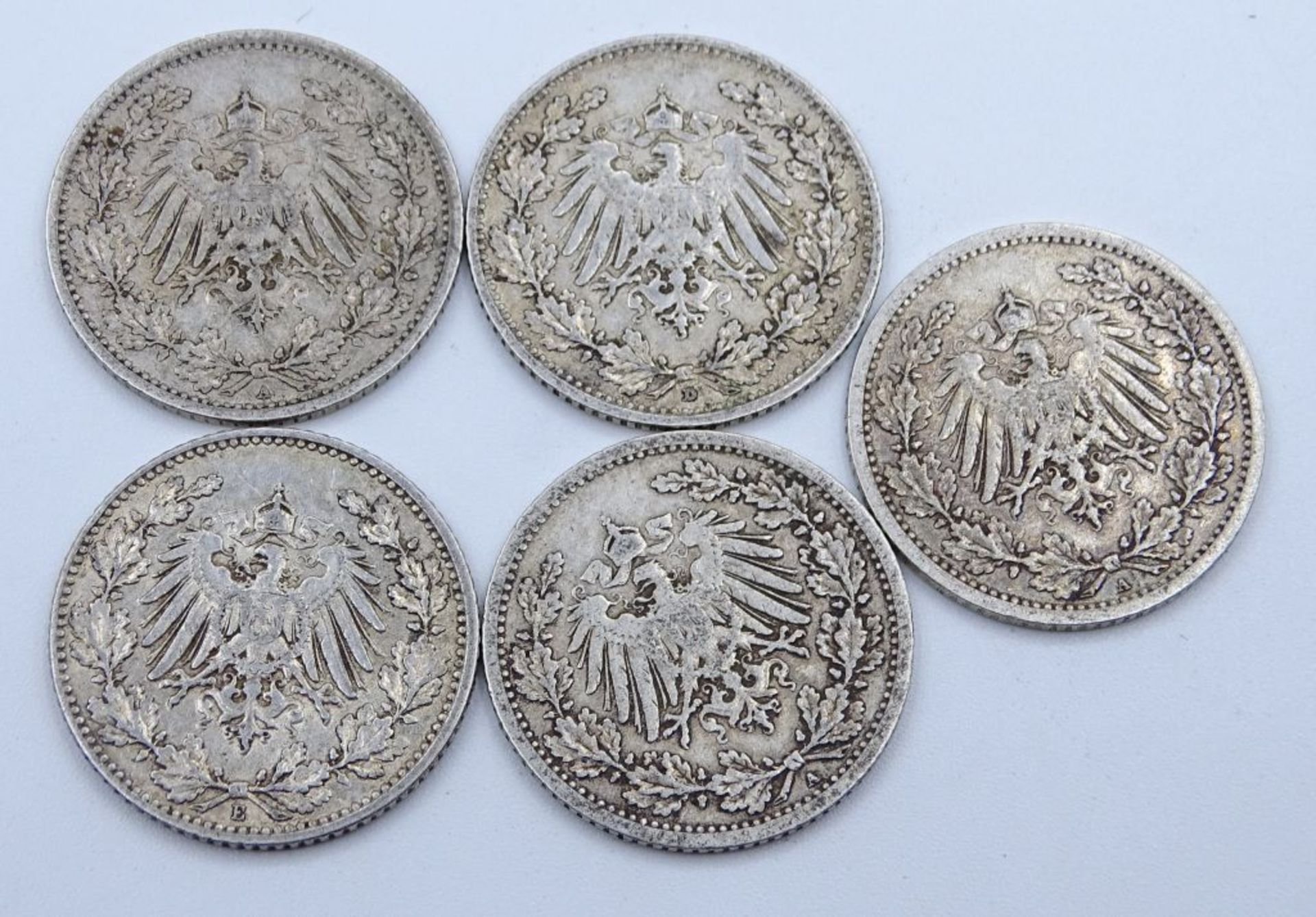 5x Münzen Deutsches Reich, 1/2 Mark, 1908 (3xA, 1x D, 1xE- - -22.61 % buyer's premium on the - Bild 2 aus 2