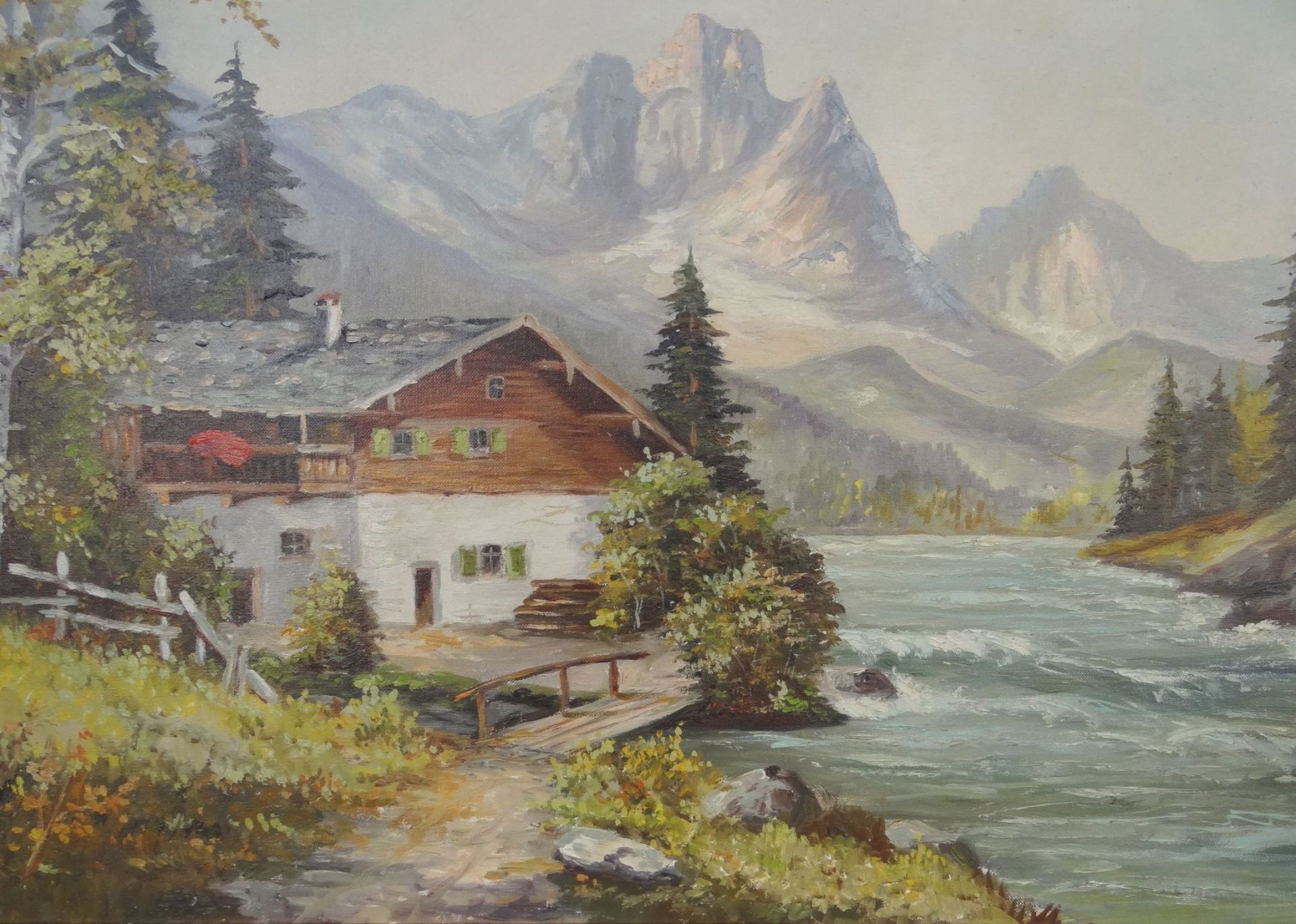 Fritz KOHLSCHMIDT (XX) "Alpine Landschaft", Öl/Leinen, gut gerahmt, RG 77x92 c- - -22.61 % buyer's