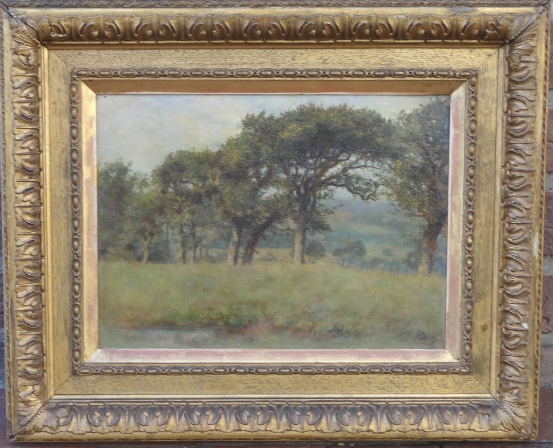 OR Monogrammiert "Bäume am Feldrand" Öl/Malfaser um 1900, 28x36 cm, breiter Goldrahmen, RG - Bild 2 aus 4