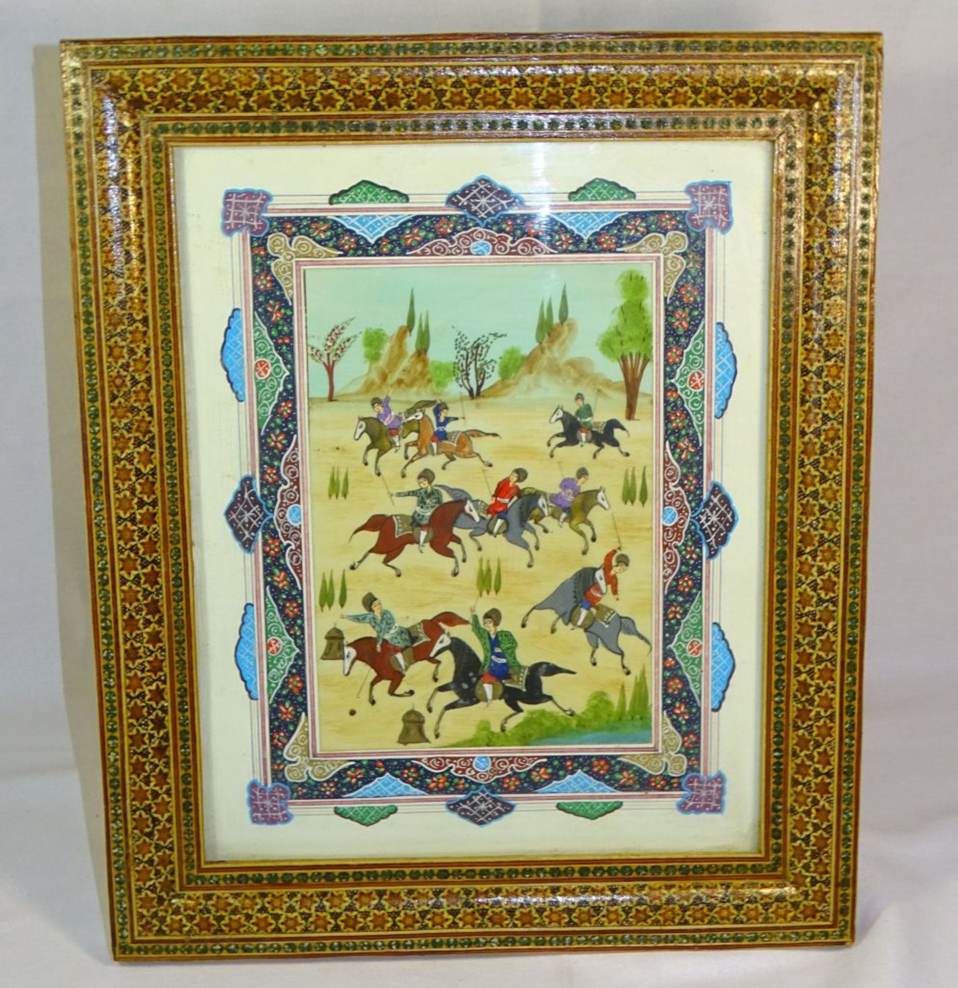 Persische Malerei wohl auf Beinplatte,Handgemalt,"Persischen Polo?",ger/Glas, RG 37x31cm,MG - Bild 2 aus 7