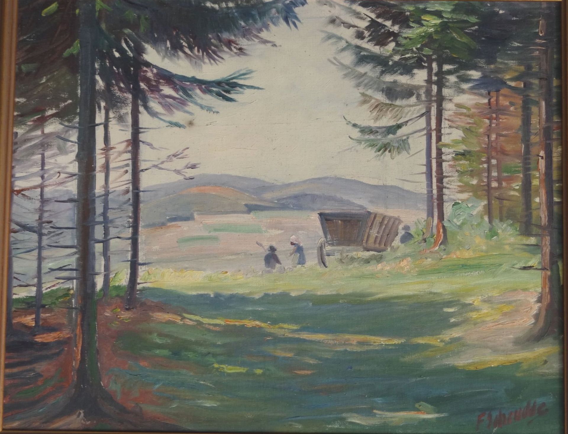 Franz SCHRUDDE (1886-1972) "Feldarbeiter am Waldrand", Öl/Holz, gerahmt, RG 60x72 c- - -22.61 %