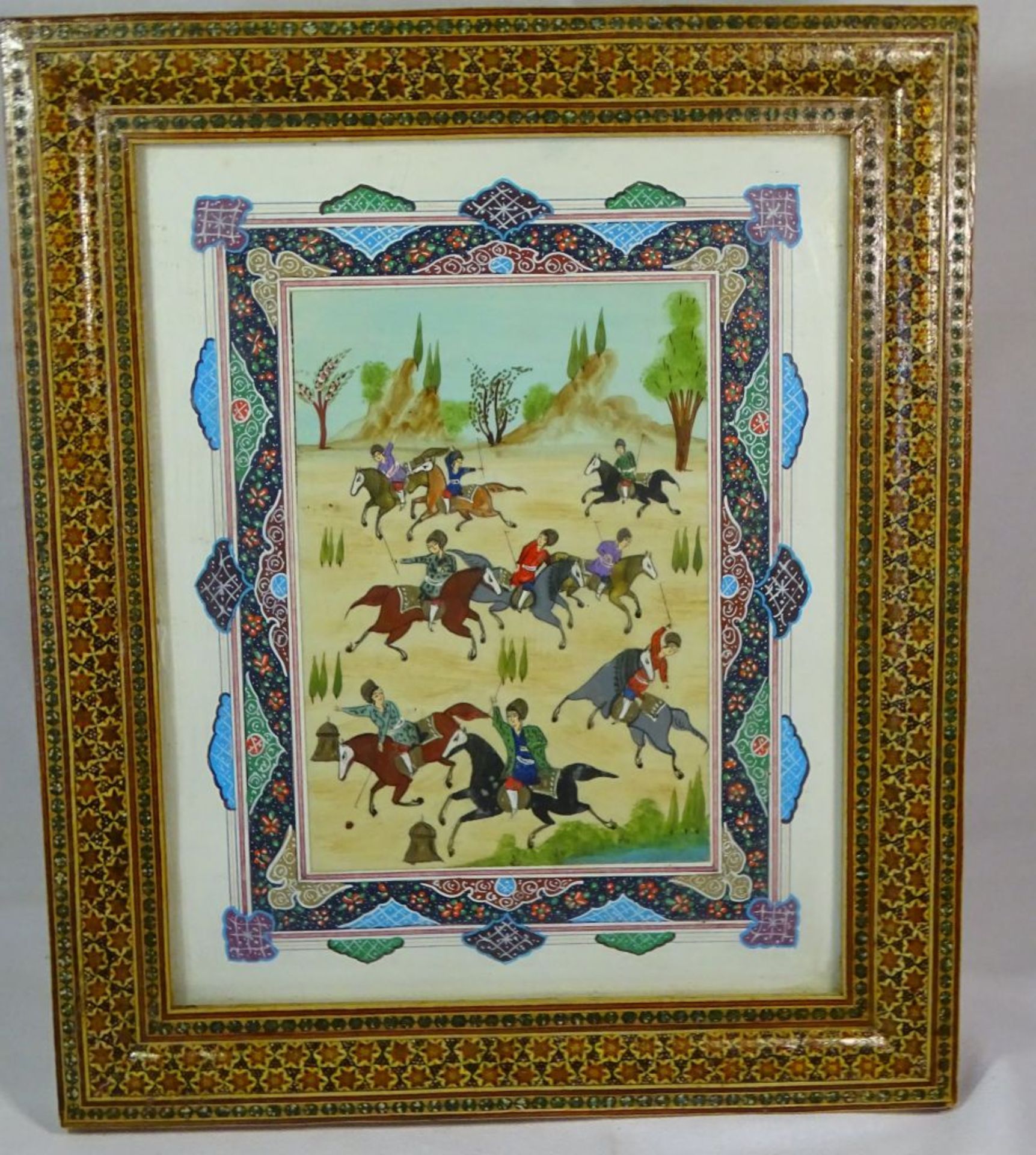 Persische Malerei wohl auf Beinplatte,Handgemalt,"Persischen Polo?",ger/Glas, RG 37x31cm,MG