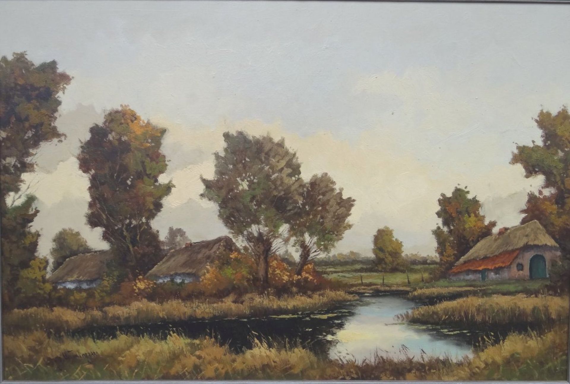 unleserl. signierte norddt. Landschaft mit Bauernhöfen, Öl/Leinen, gerahmt, RG 78x105- - -22.61 % - Bild 3 aus 5