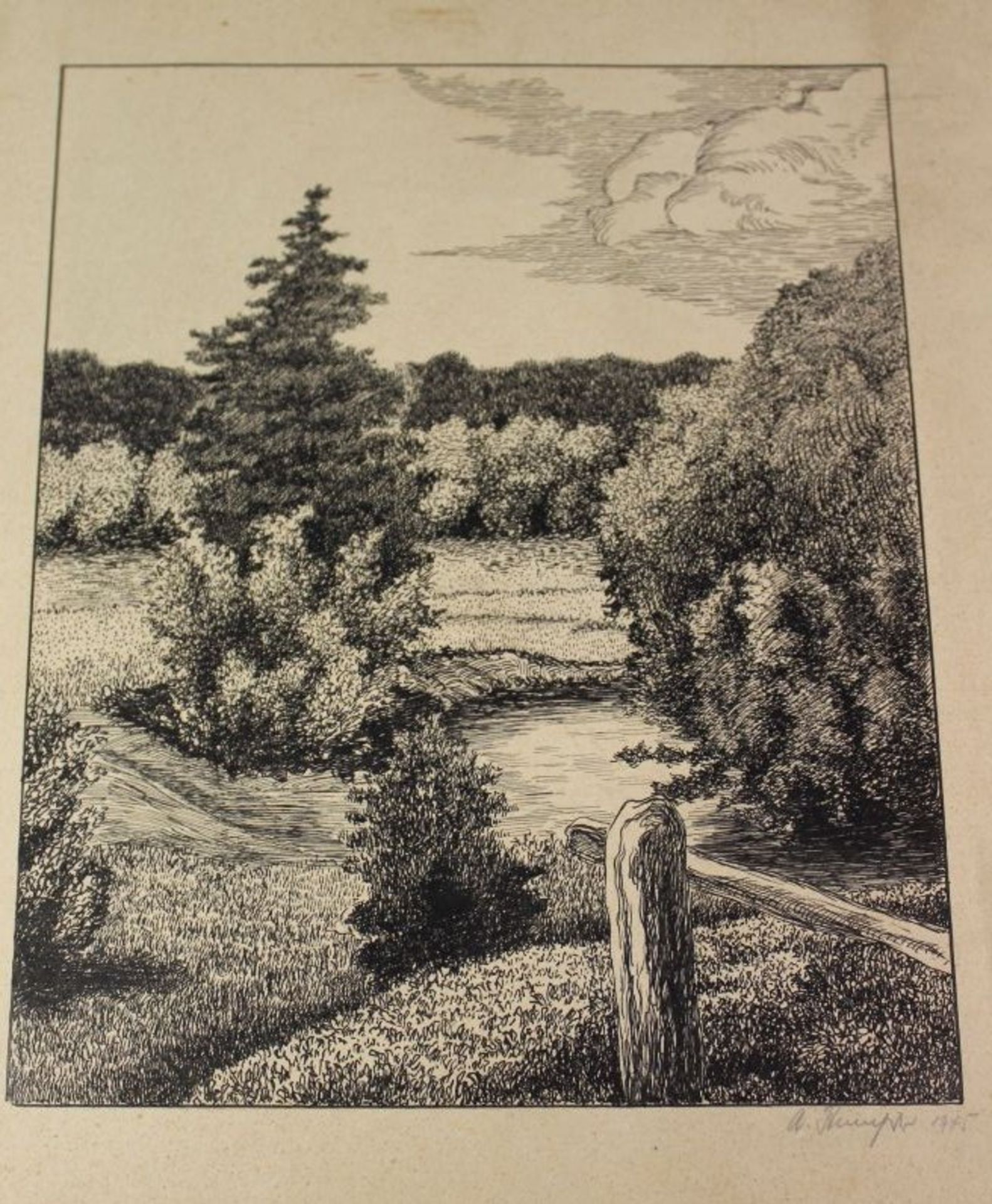 signierte Lithographie, datiert 1945, Landschaft, ungerahmt, Blatt mit Altersspuren, BG 38 x