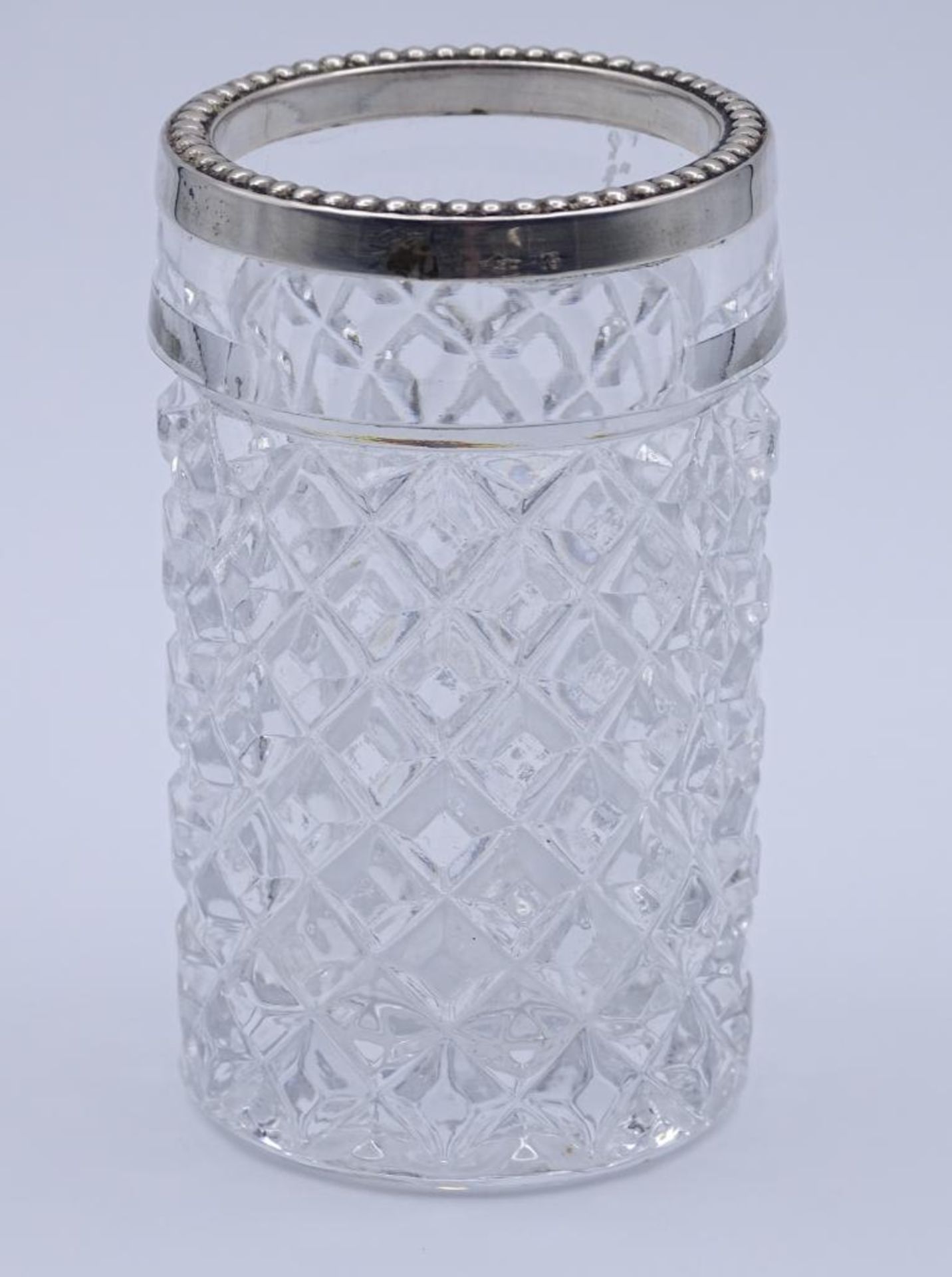 ALBO Glasgefäß mit Silberrand 835er Silber, 20. Jhd. Zahnstocher-Cocktailspieße-Streichholzhalter - Bild 3 aus 3
