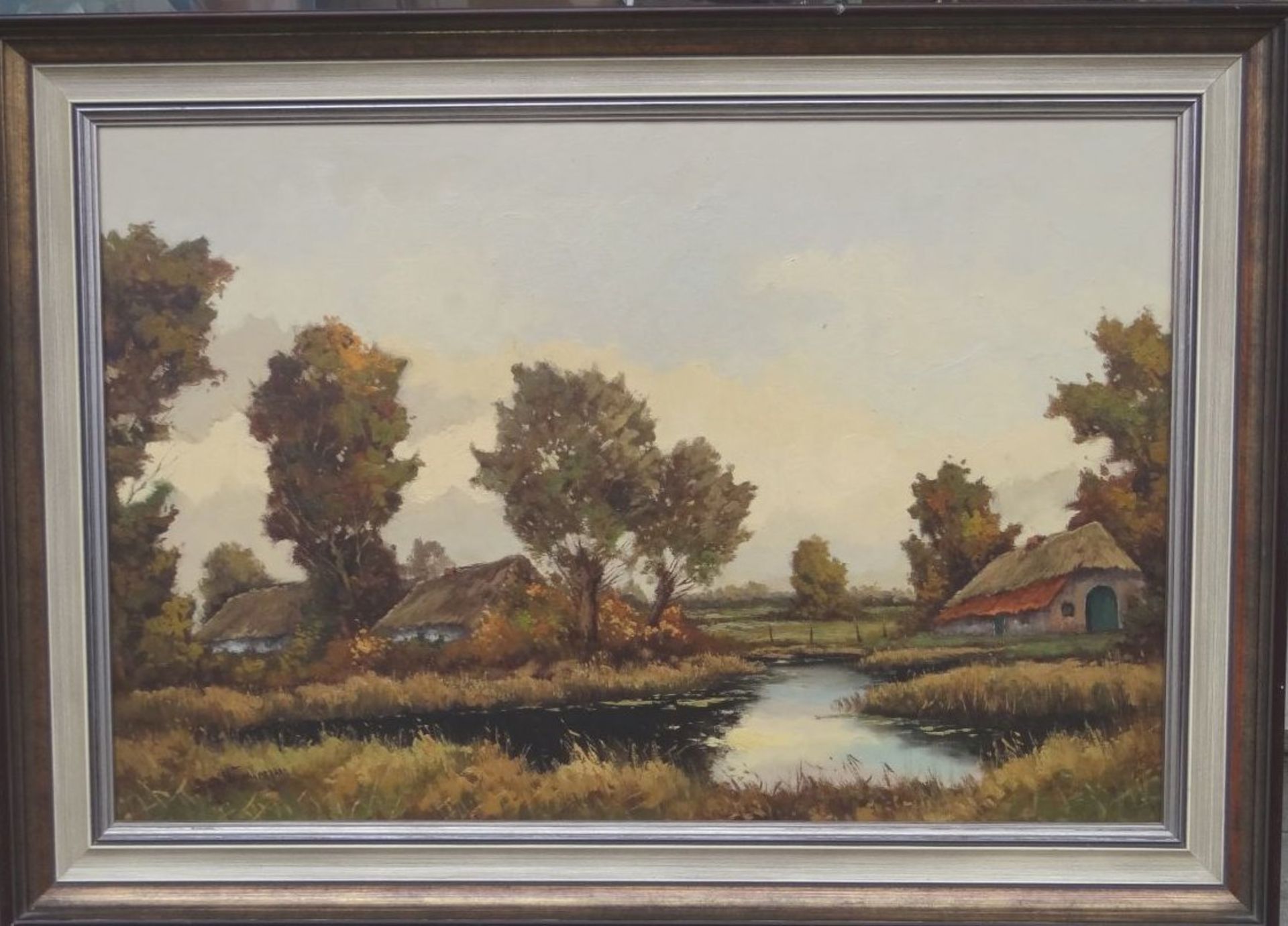 unleserl. signierte norddt. Landschaft mit Bauernhöfen, Öl/Leinen, gerahmt, RG 78x105- - -22.61 %