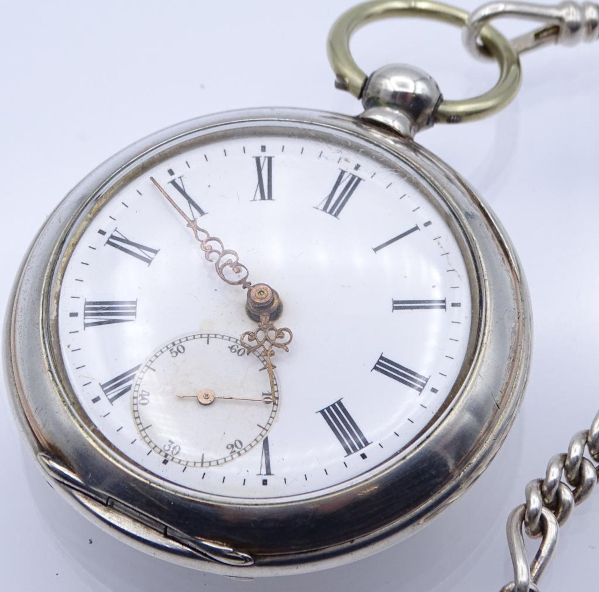 Herren Taschenuhr mit Uhrenkette, Schlüsselwerk,Silbergehäuse 800/000,Werk läuft, d- 50mm,Uhrenkette - Bild 2 aus 6