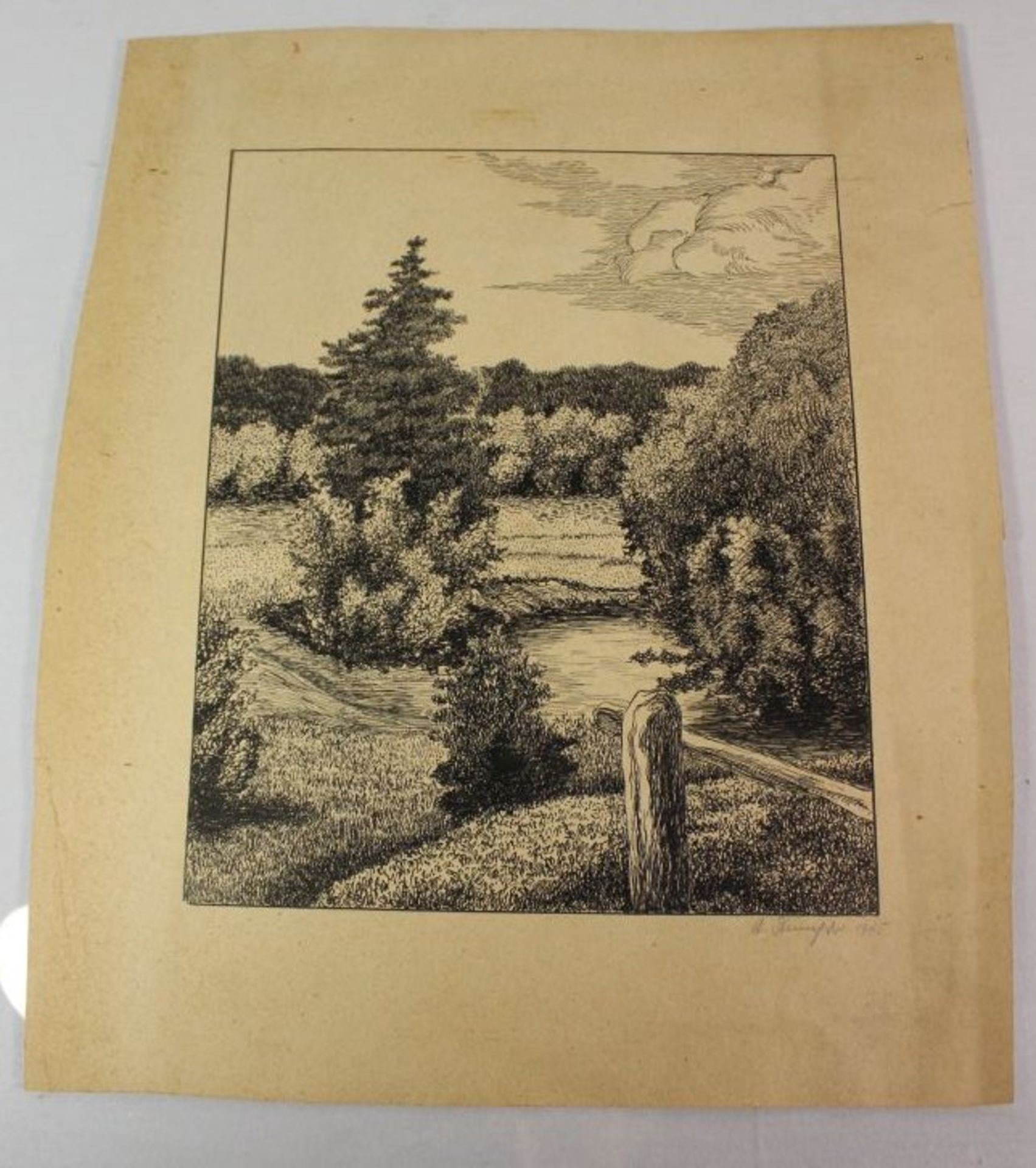 signierte Lithographie, datiert 1945, Landschaft, ungerahmt, Blatt mit Altersspuren, BG 38 x - Bild 3 aus 3