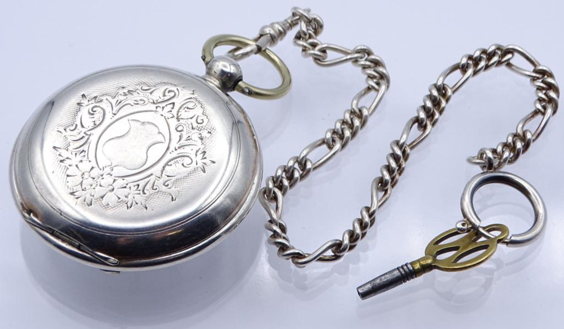 Herren Taschenuhr mit Uhrenkette, Schlüsselwerk,Silbergehäuse 800/000,Werk läuft, d- 50mm,Uhrenkette - Bild 3 aus 6