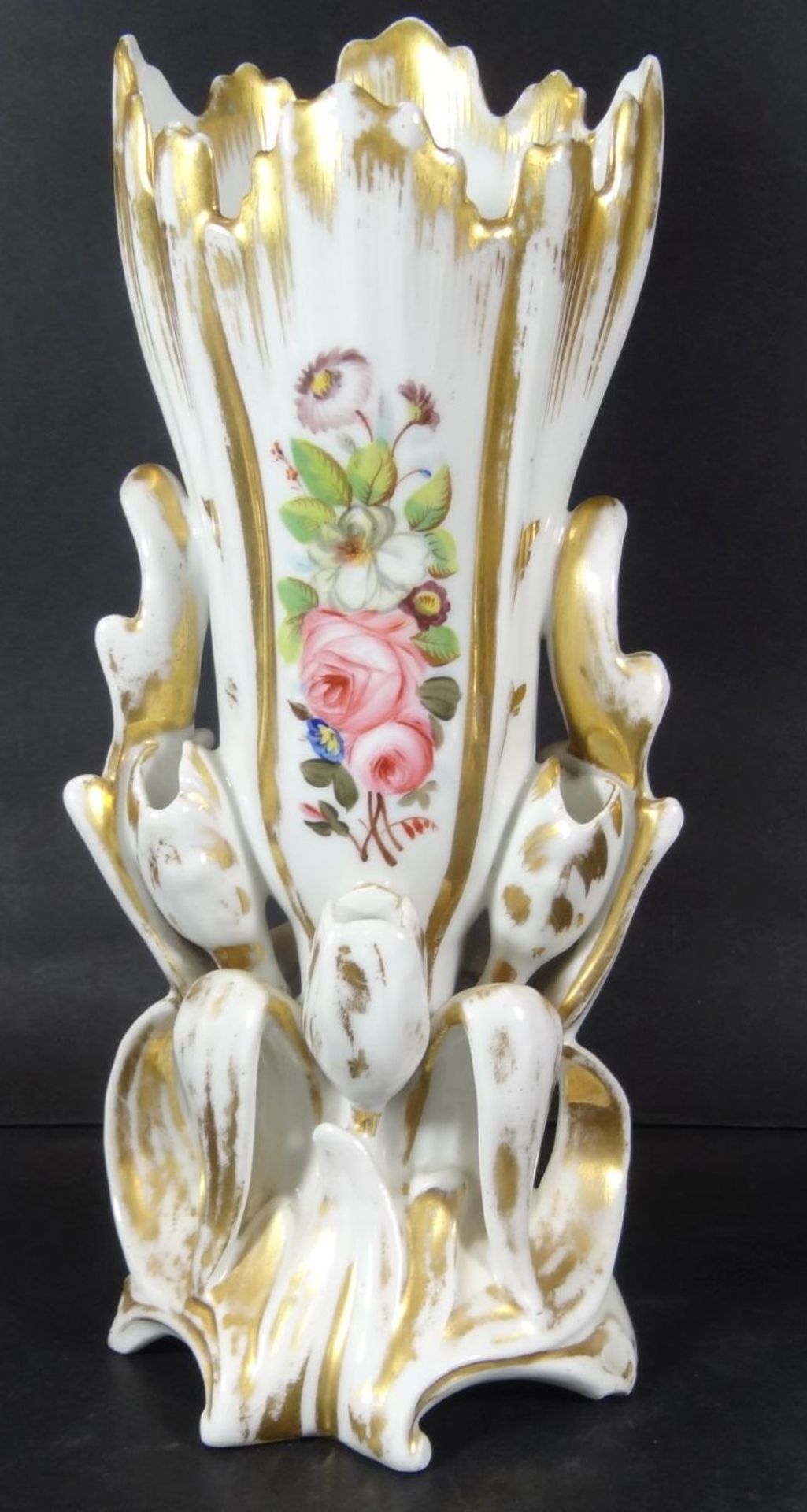 Biedermeier-Vase, Front mit Golddekor und Rosen, Rückseite weiss, Gold berieben, H-30 c- - -22.