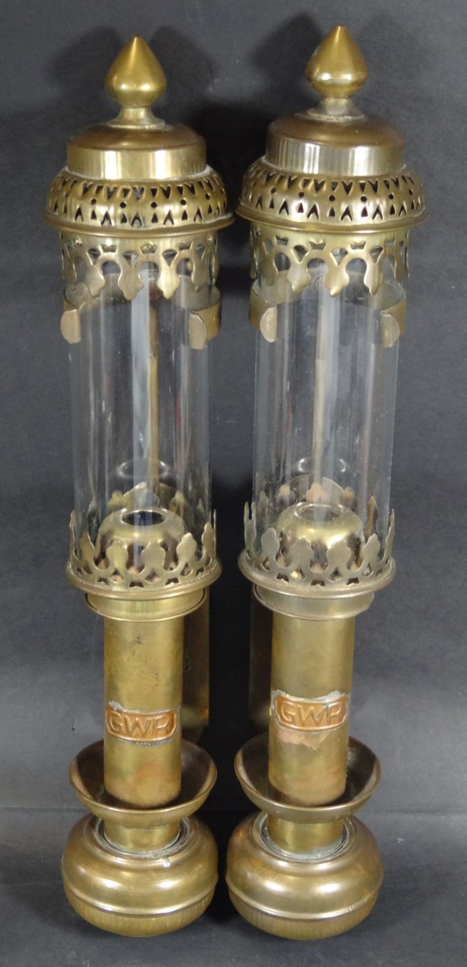 Paar Wandlampen aus Messing, Petroleum?, H-36 cm- - -22.61 % buyer's premium on the hammer