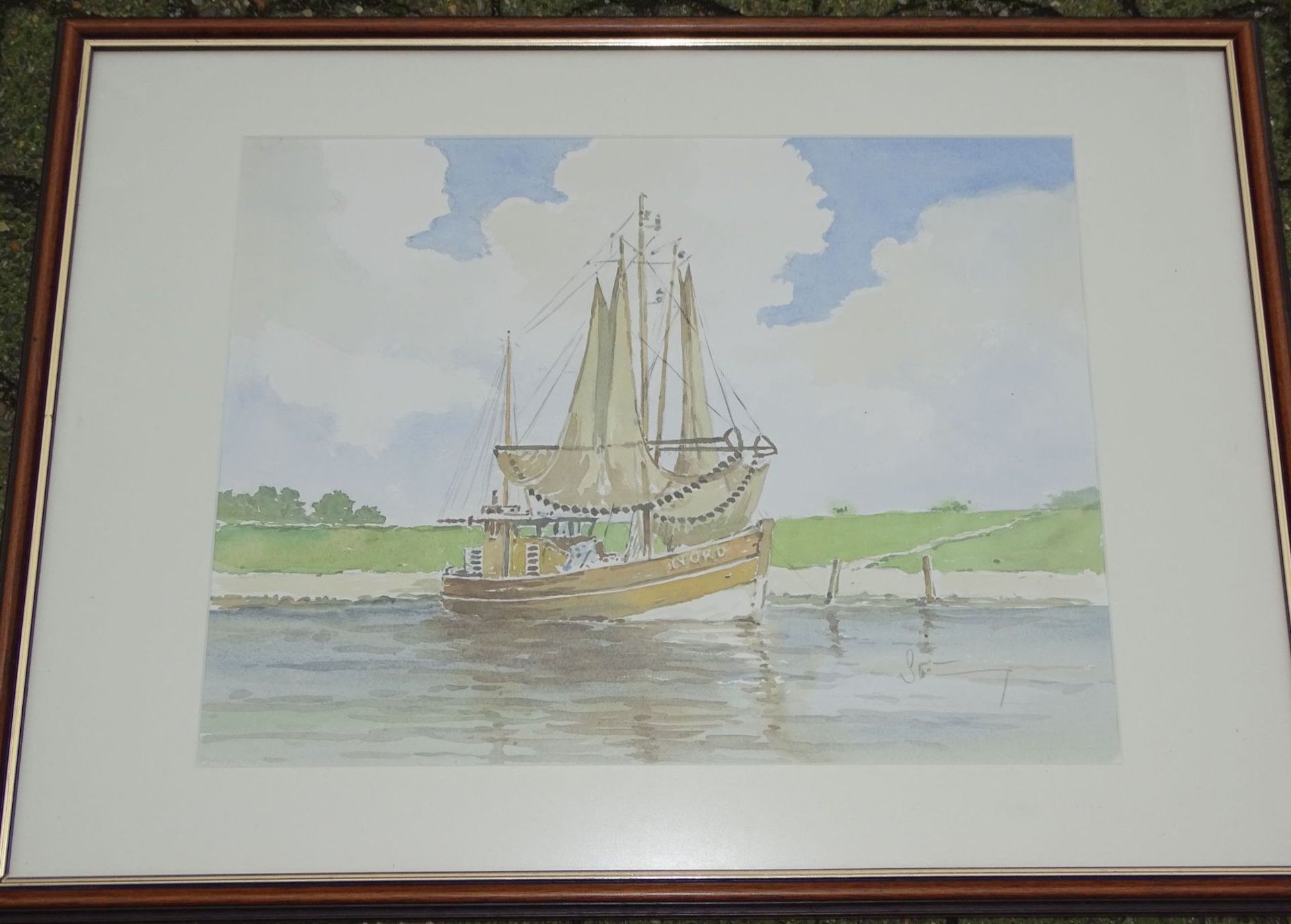 L. H.Schöning "Krabbenkutter vor Deich", Aquarell, ger/Glas, RG 54x74 c- - -22.61 % buyer's