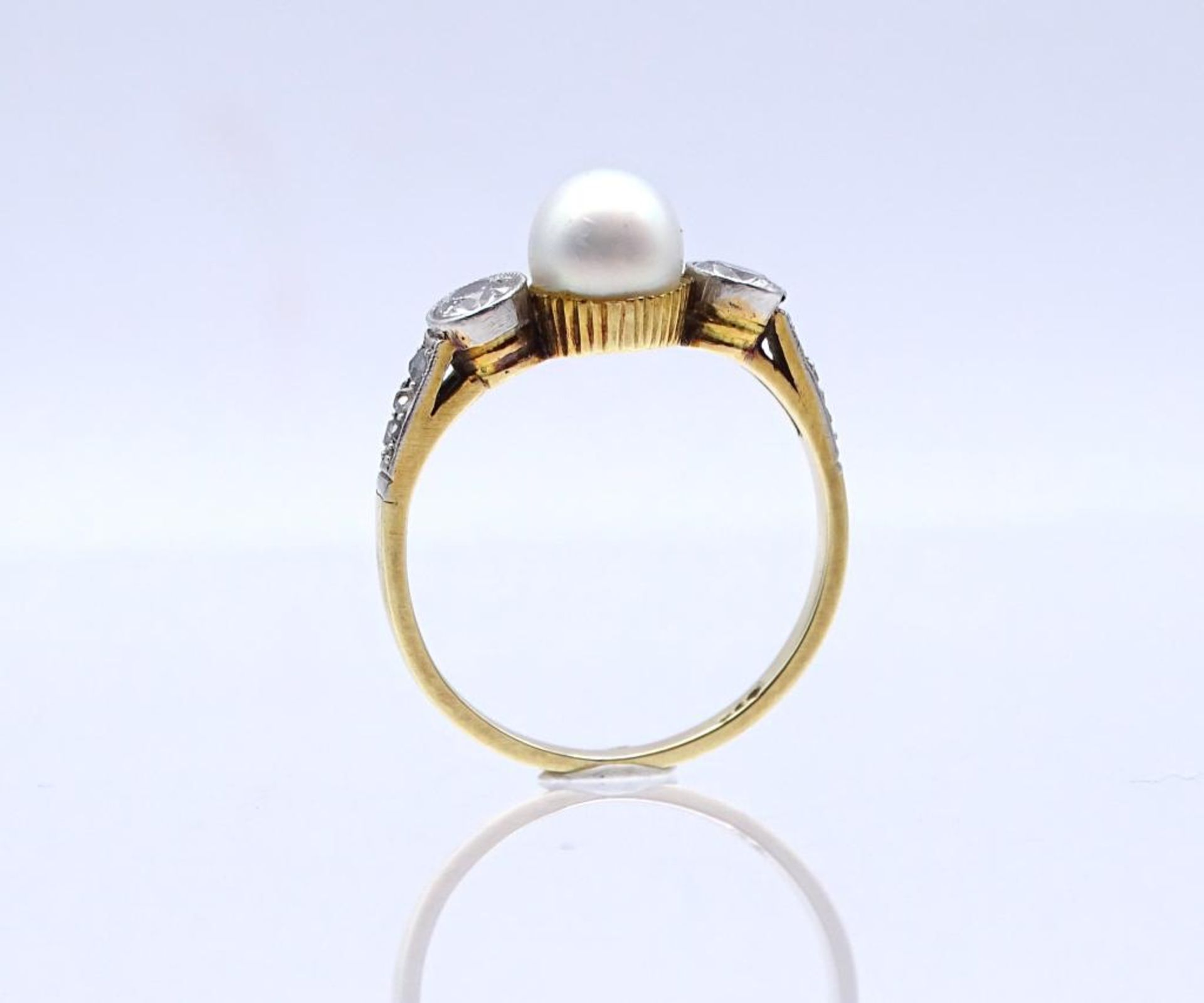 Art Deco Brillant Ring mit Perle, Brillanten zus.ca. 0,30ct.,(1x Abplatzer)Gelbgold / Platin, GG - Bild 7 aus 8