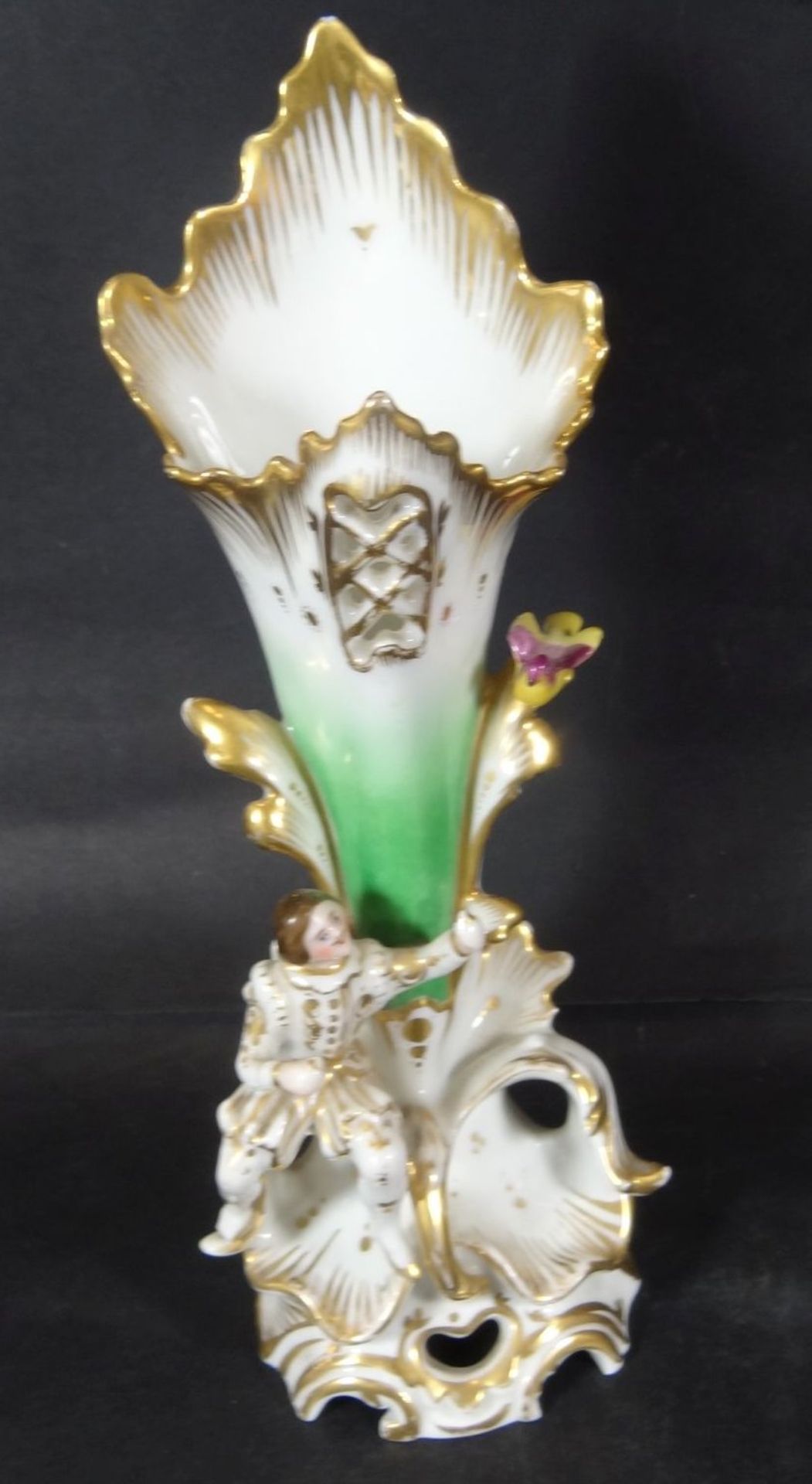 Biedermeier-Vase, Front mit Golddekor und grün, mit plast. Figur und Vogel, Gold berieben, eine - Bild 2 aus 5