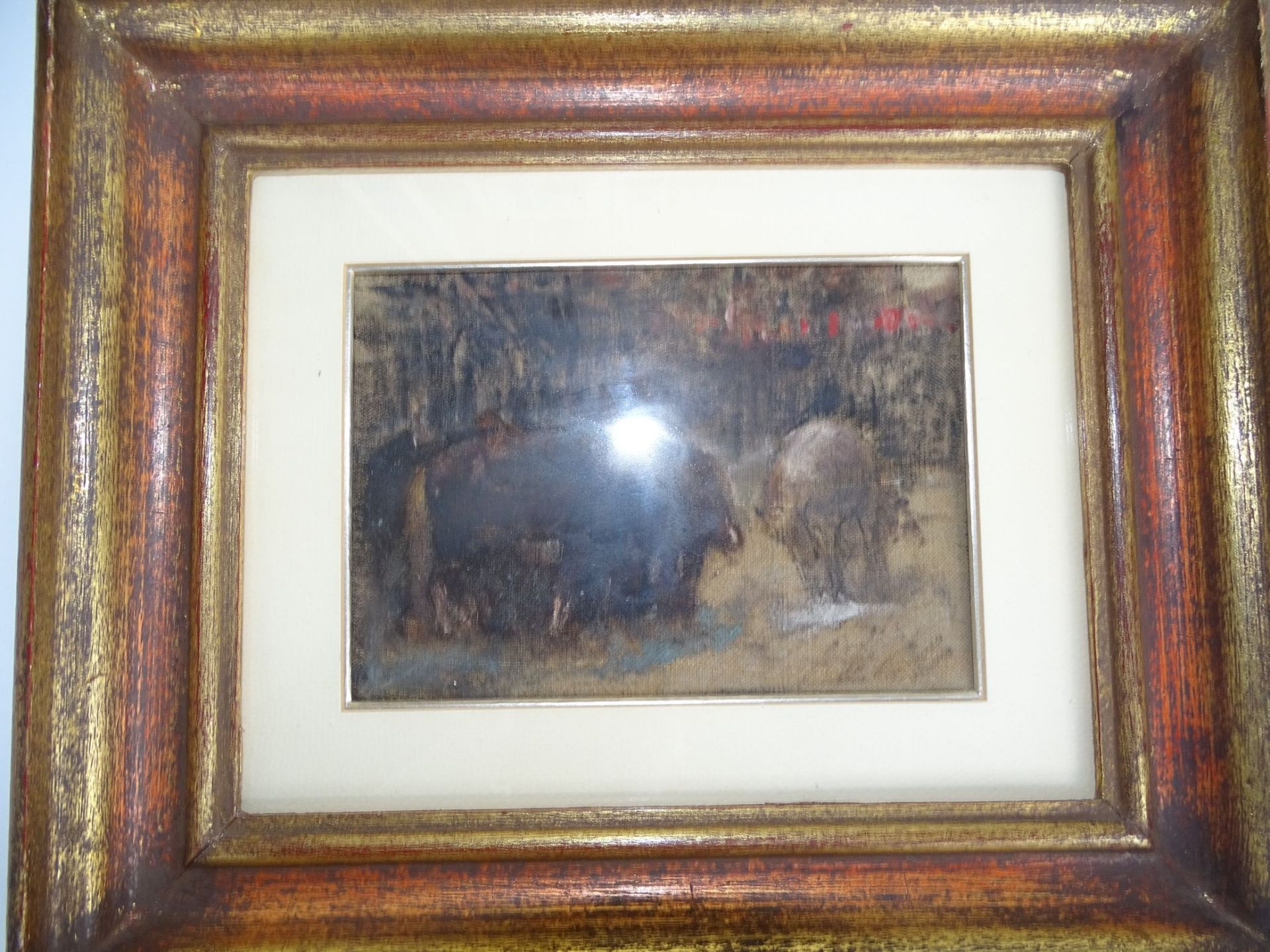 Otto VON FABER DU FAUR (1828-1901) "Pferde am Waldrand", rückseitige Skizze, Öl/Leinen, 13,5x18 - Bild 2 aus 7