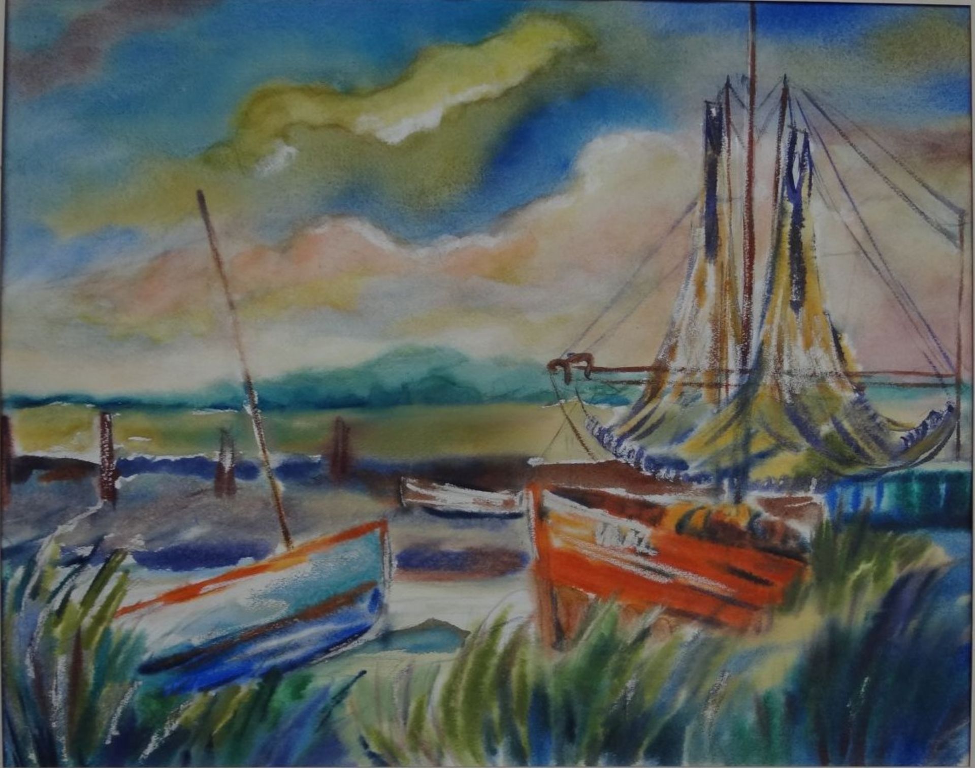 anonymes Aquarell, Boote im Hafen, gerahmt, RG 77x91 cm- - -22.61 % buyer's premium on the hammer