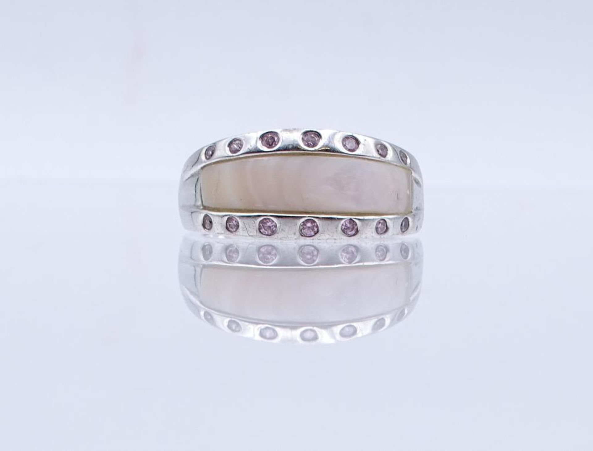 Silber Ring mit Perlmutt und pinken Steinen,Silber 925/000, 5,7gr., RG 60- - -22.61 % buyer's