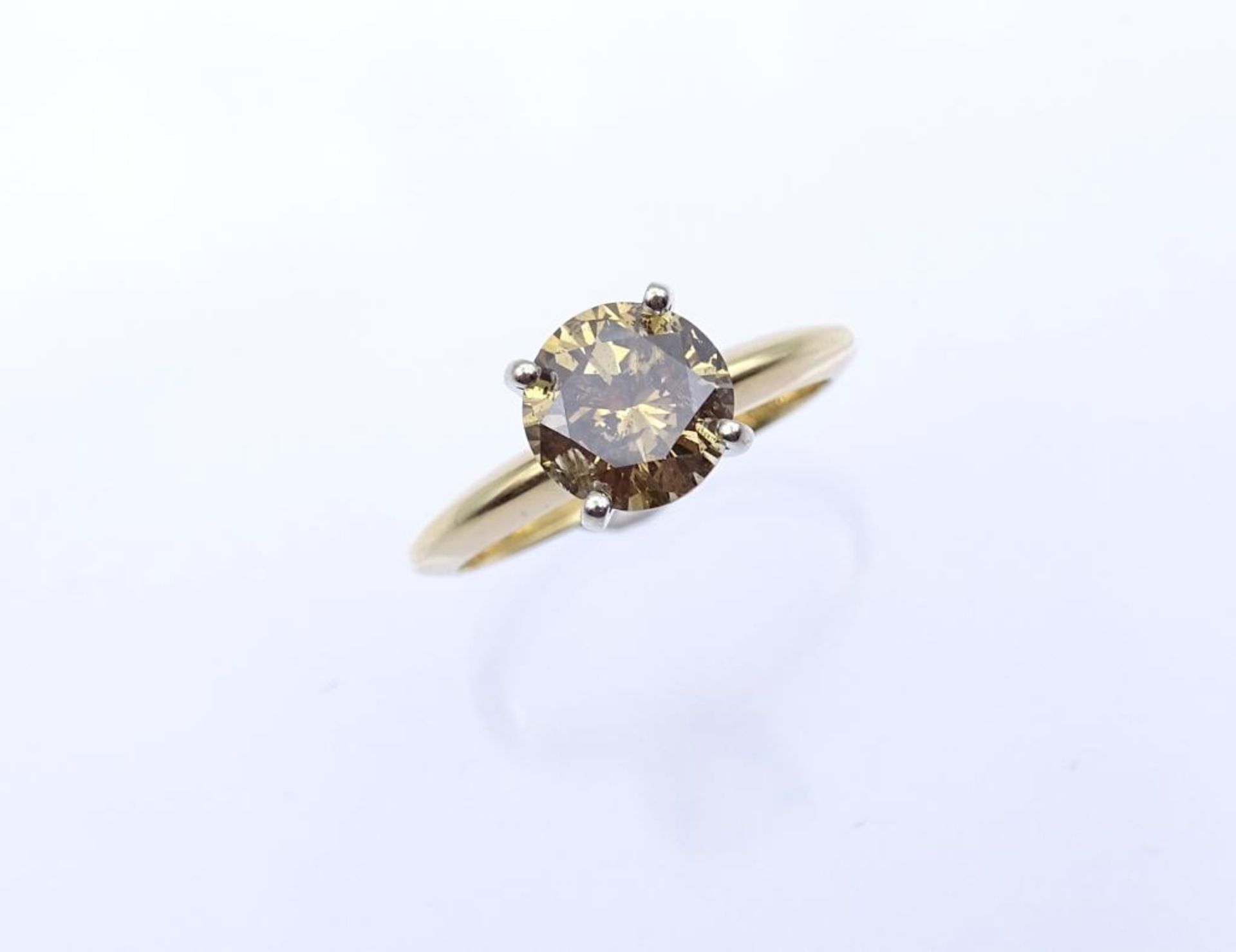 Brillant-Solitär-Ring, 585er GG ,Champagnerfarbiger Brillant ca. 1,5ct., seitl.ein Abplatzer,sowie - Bild 2 aus 9