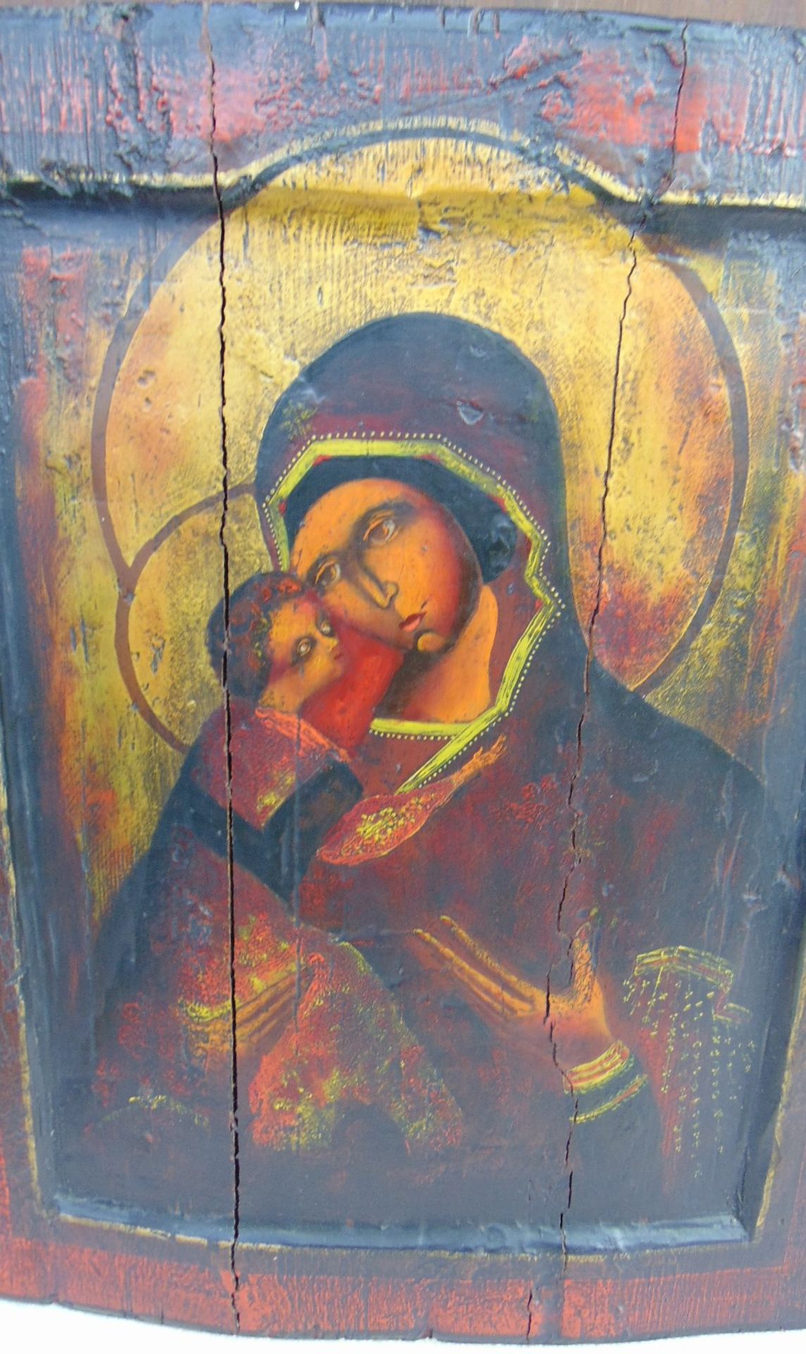 Ikone "Gottesmutter Umilene von Vladmir", nach Vorbild aus dem 15.Jhd., 20.Jhd., verso Etikette,