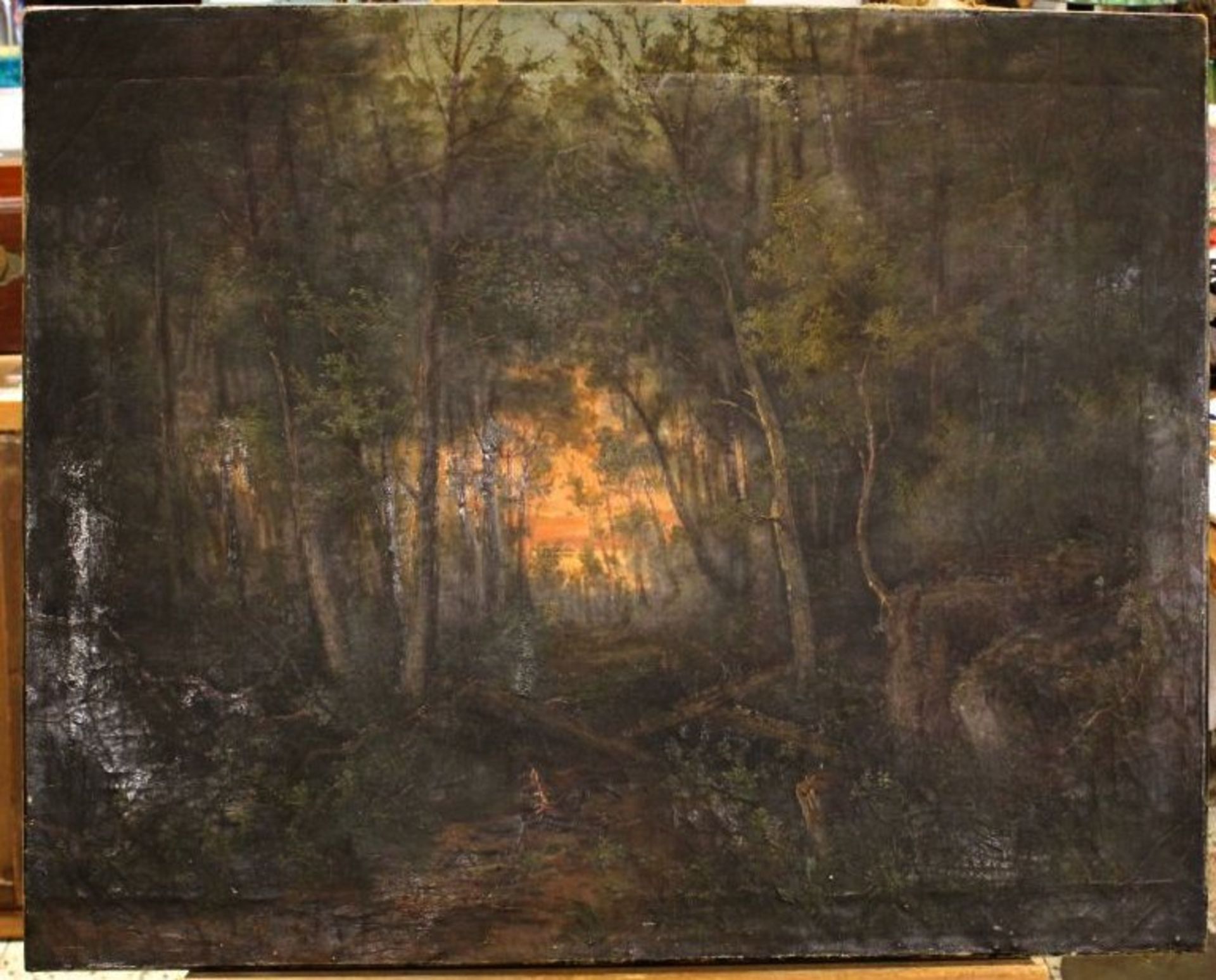 unsignietes Gemälde, 19. Jhd., Fuchs im Wald, Öl/Leiwand, ungerahmt, 1x hinterlegte Stelle,