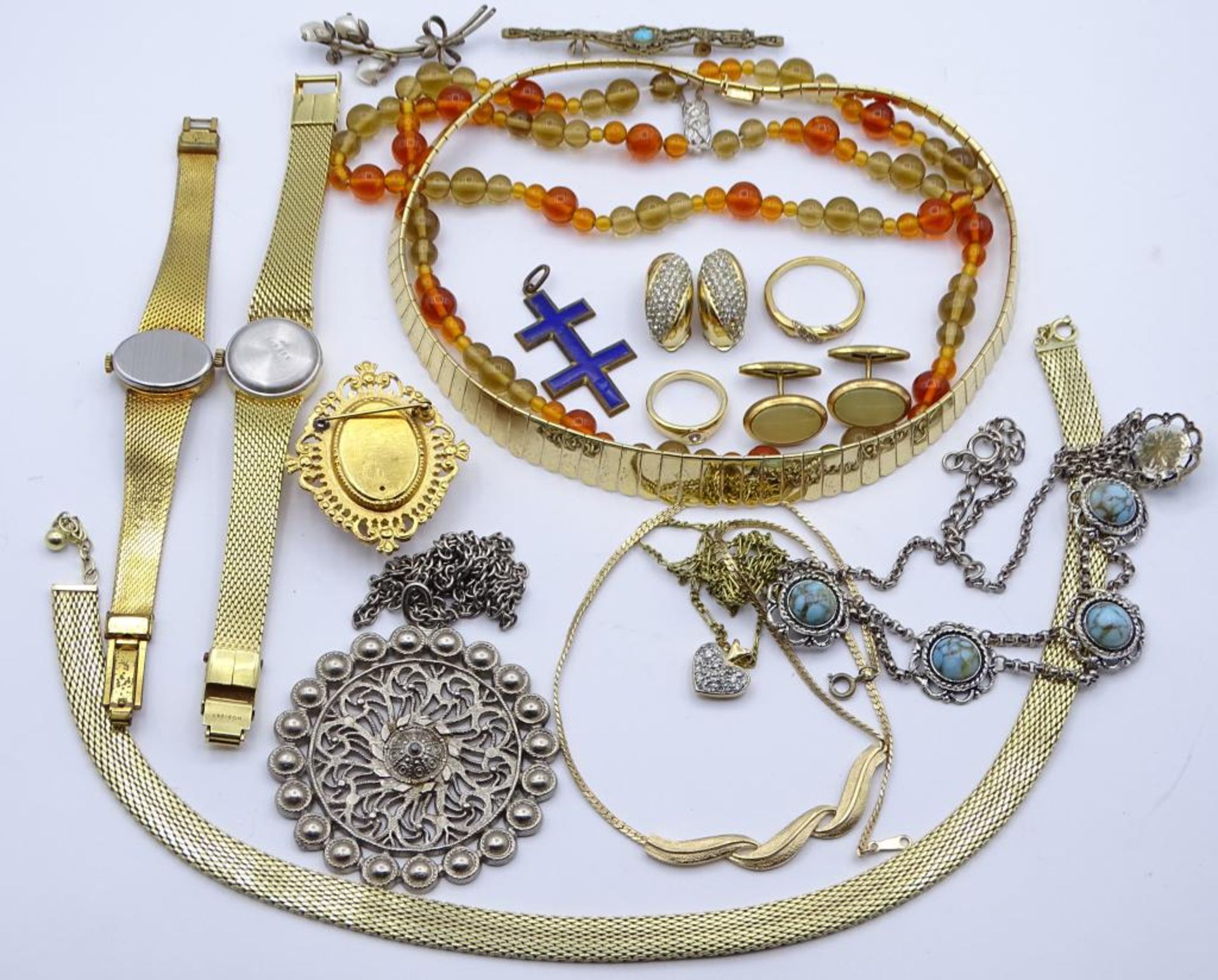 Konvolut div. Modeschmuck + zwei Armbanduhren und eine Silber Brosche mit Perlen,Dugena und Gama-(